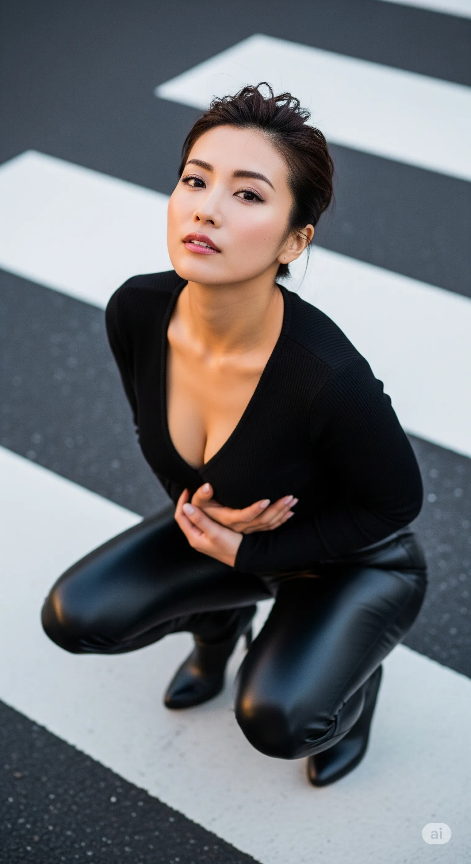 巨乳妻 黒タイト 横断歩道 微エロ 018