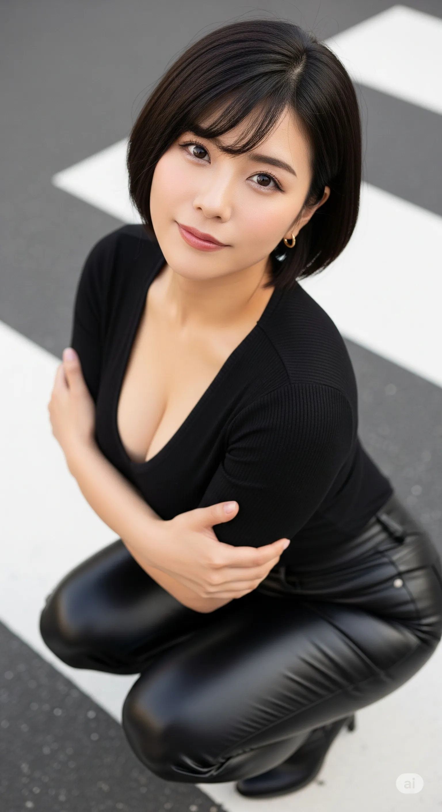 巨乳妻 黒タイト 横断歩道 微エロ 020