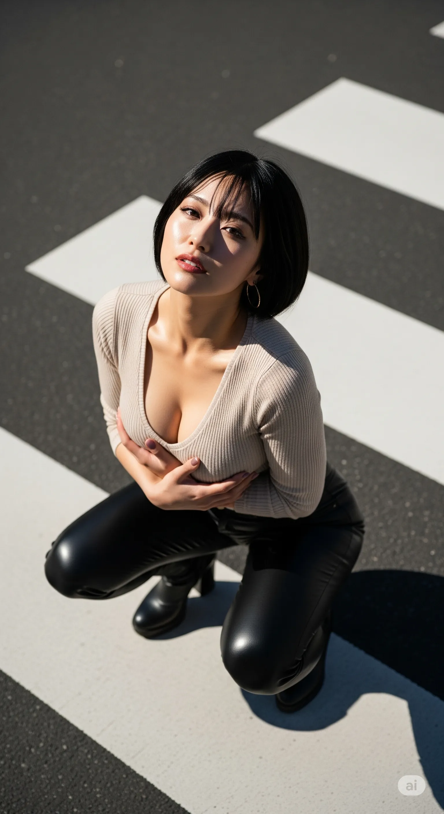 巨乳妻 黒タイト 横断歩道 微エロ 025