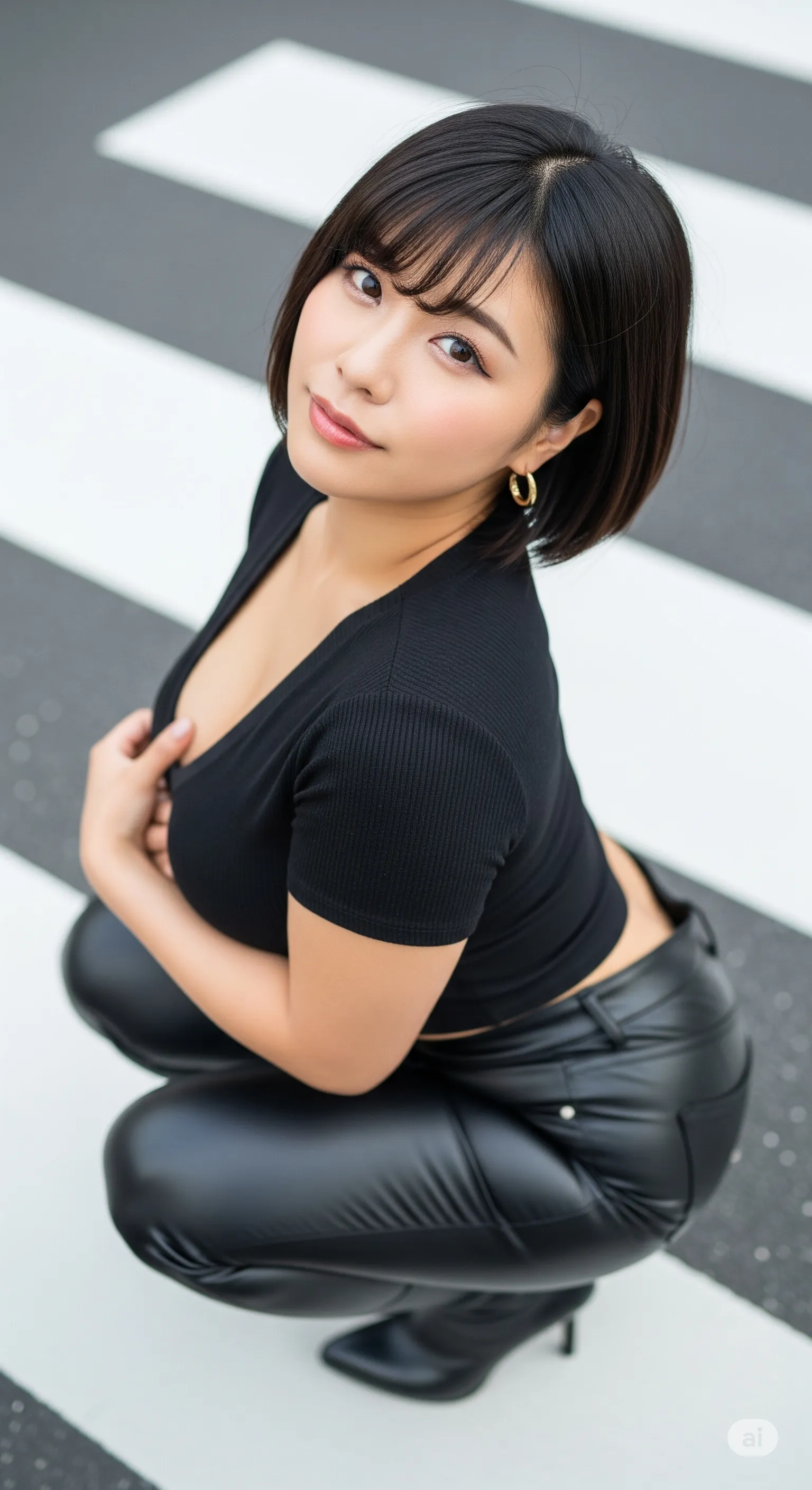 巨乳妻 黒タイト 横断歩道 微エロ 031