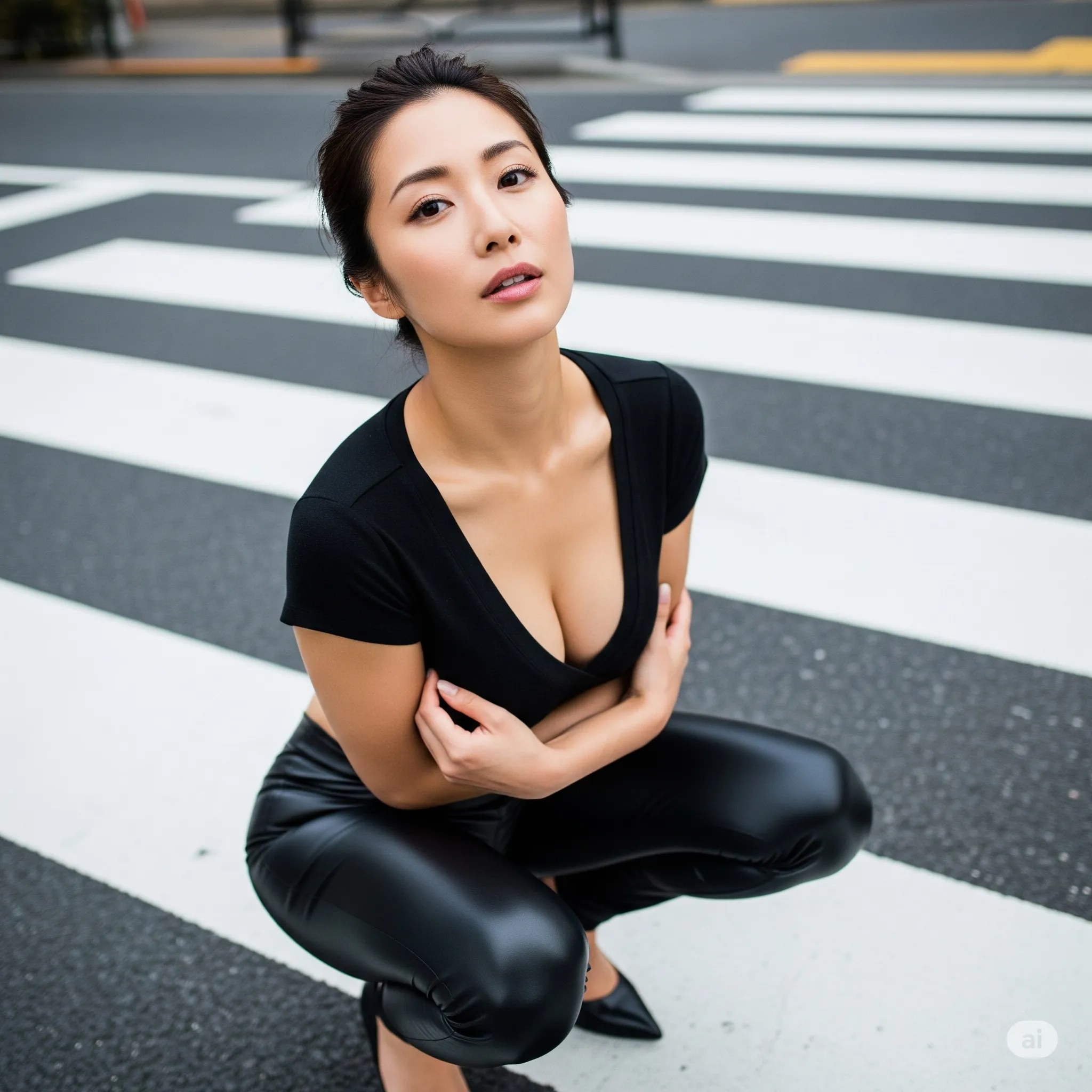 巨乳妻 黒タイト 横断歩道 微エロ 032