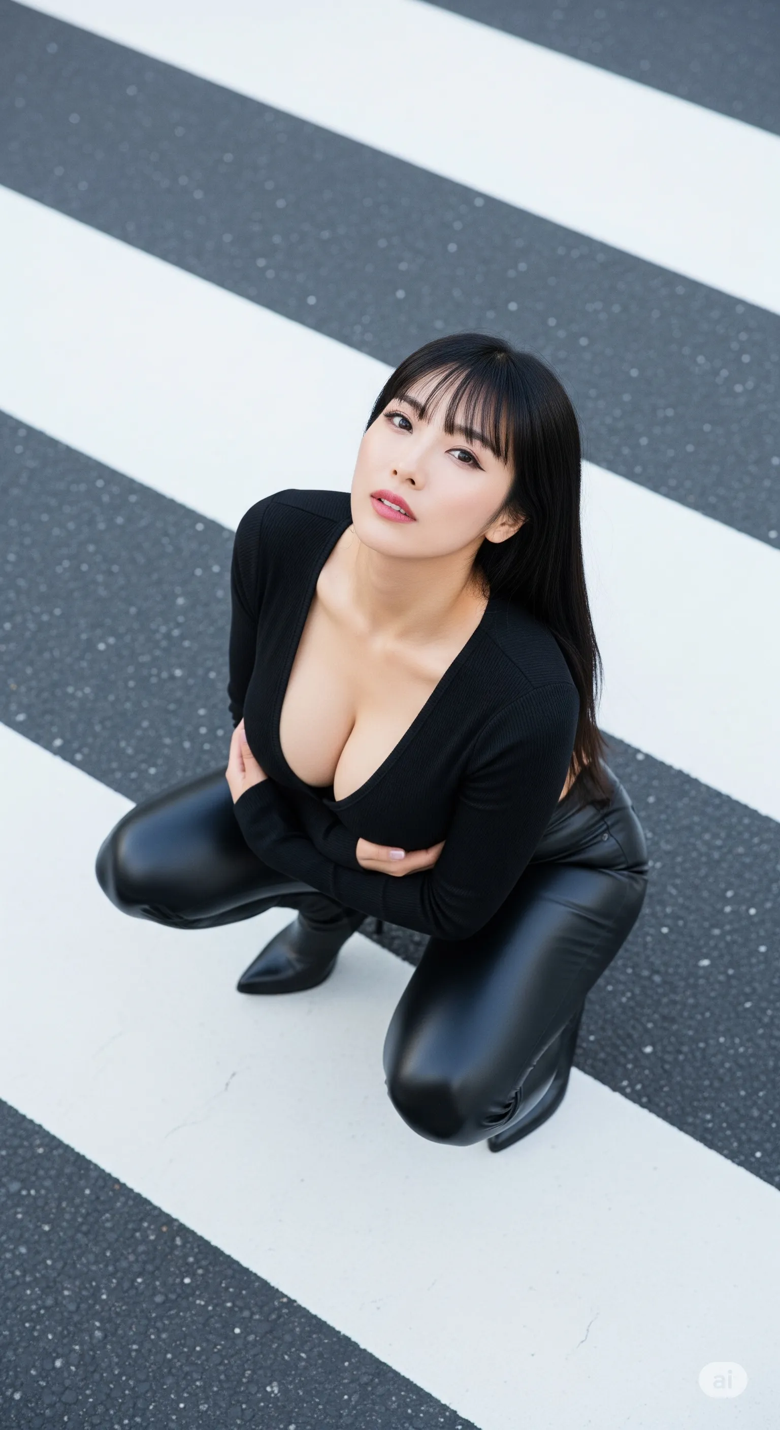 巨乳妻 黒タイト 横断歩道 微エロ 036