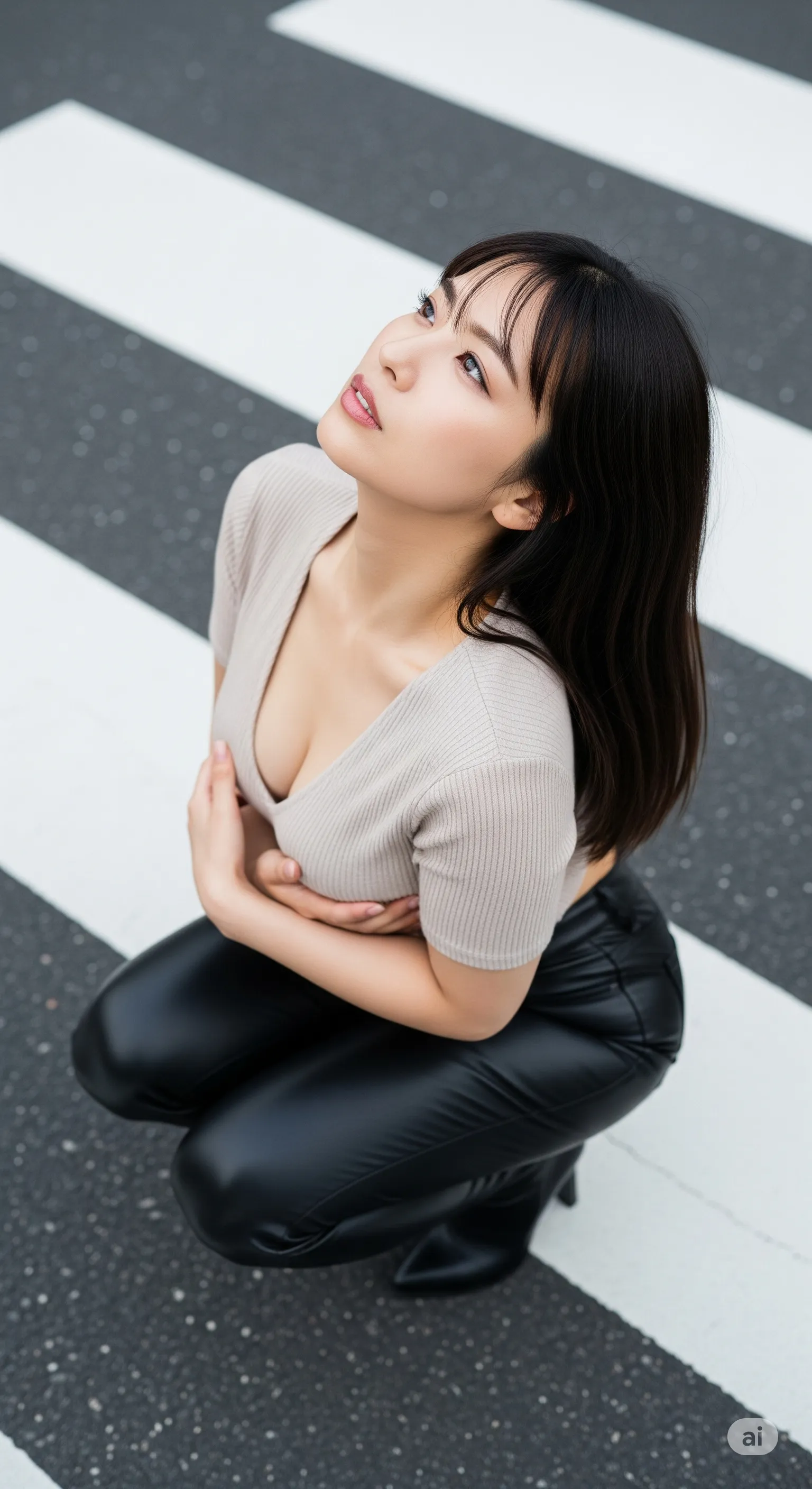 巨乳妻 黒タイト 横断歩道 微エロ 038