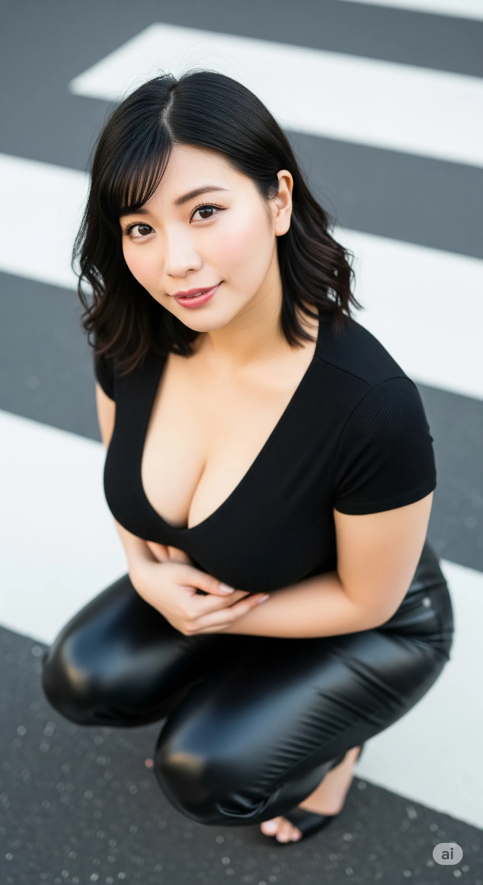 巨乳妻 黒タイト 横断歩道 微エロ 044