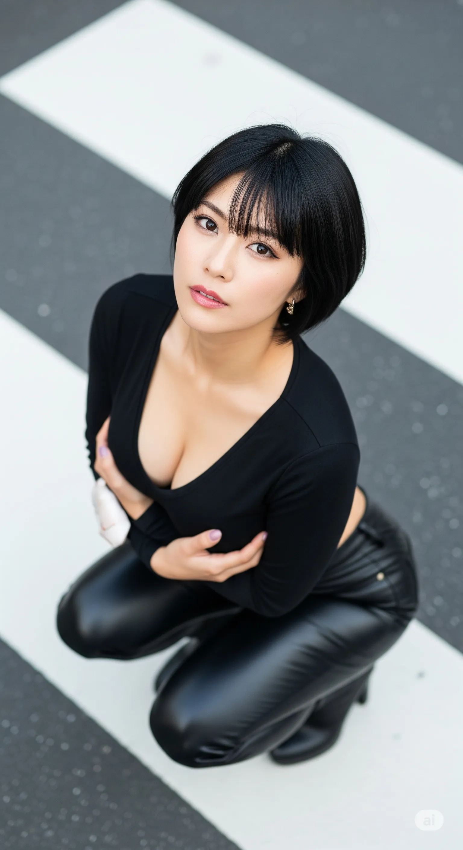 巨乳妻 黒タイト 横断歩道 微エロ 049