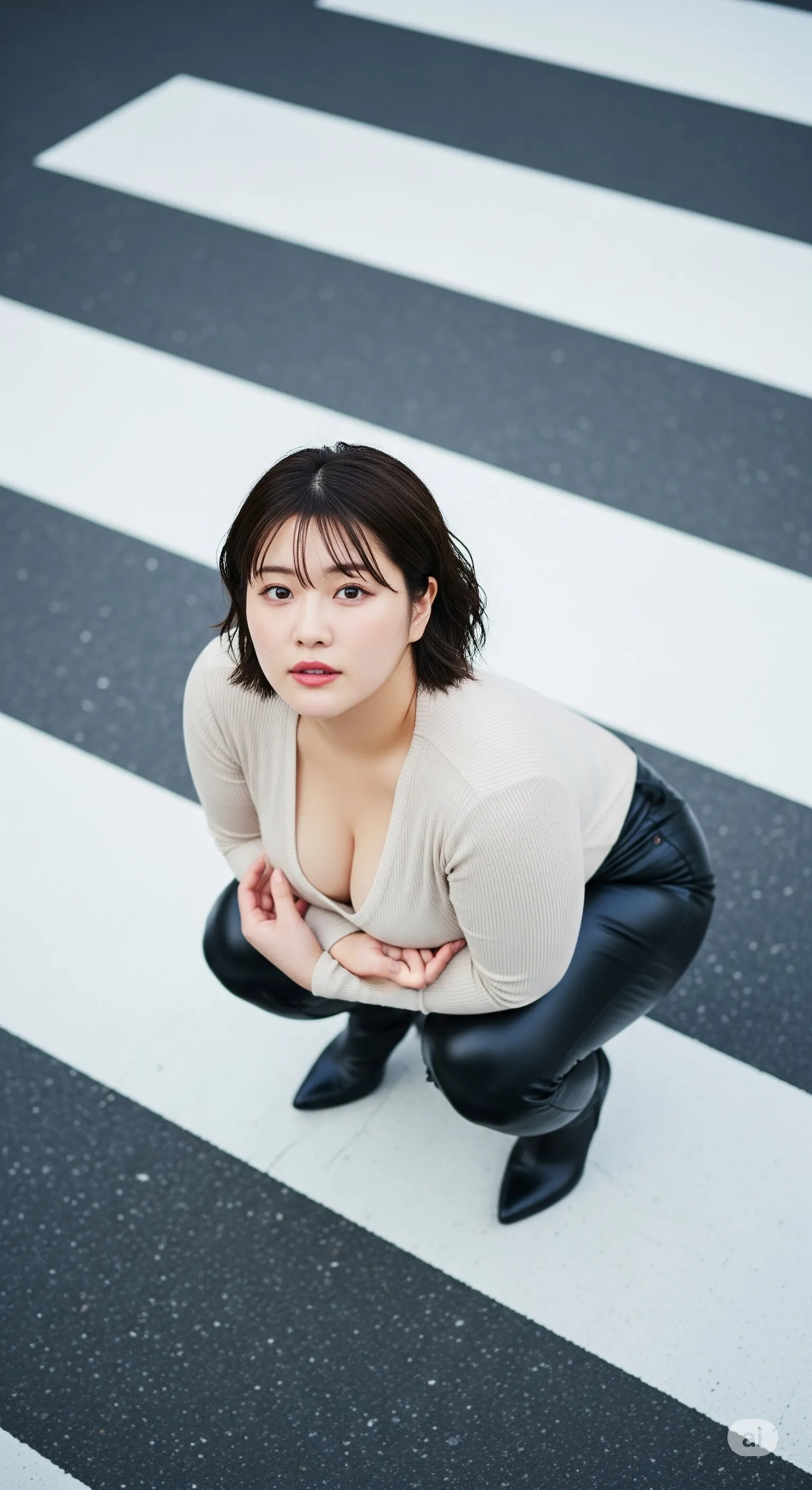 巨乳妻 黒タイト 横断歩道 微エロ 050