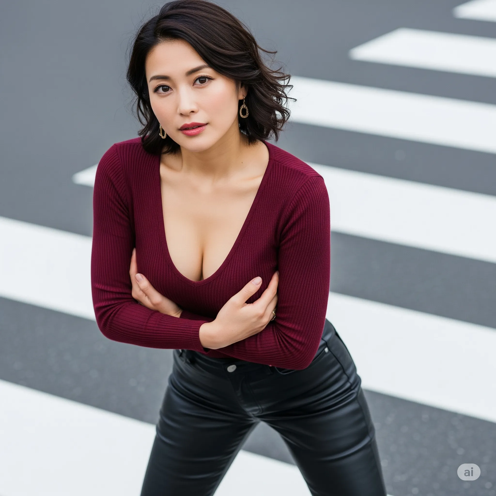 巨乳妻 黒タイト 横断歩道 微エロ 055