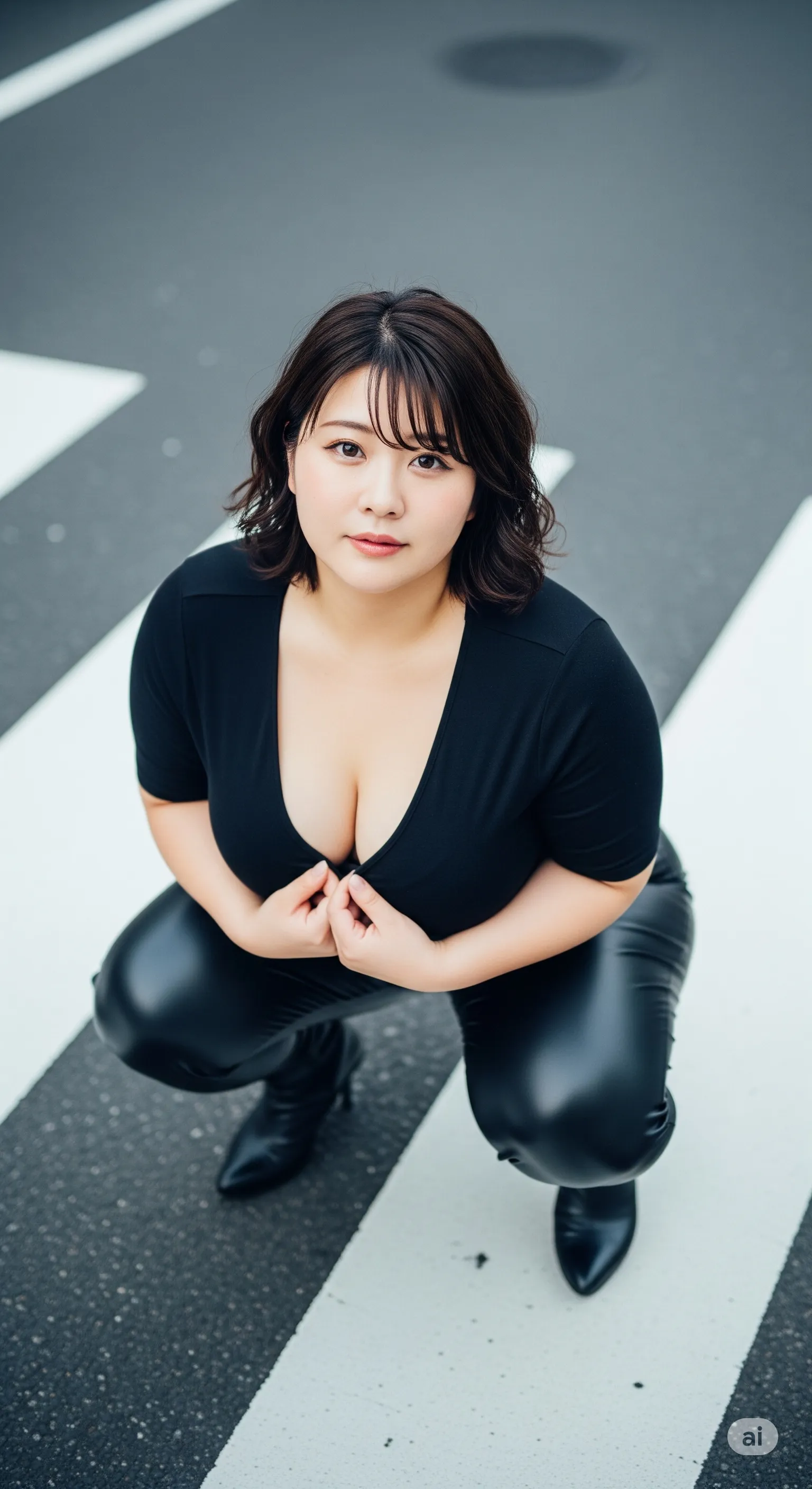 巨乳妻 黒タイト 横断歩道 微エロ 056