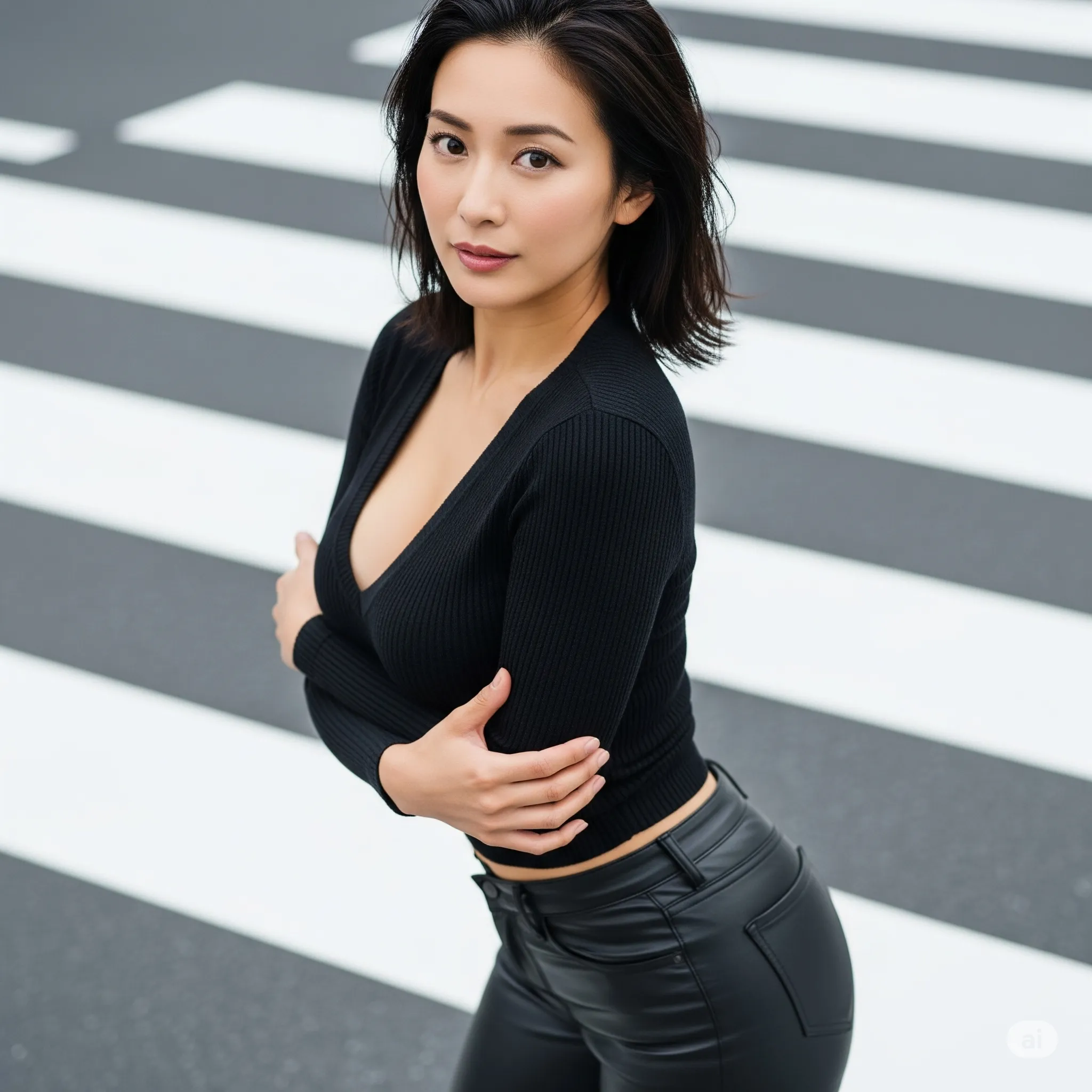 巨乳妻 黒タイト 横断歩道 微エロ 060