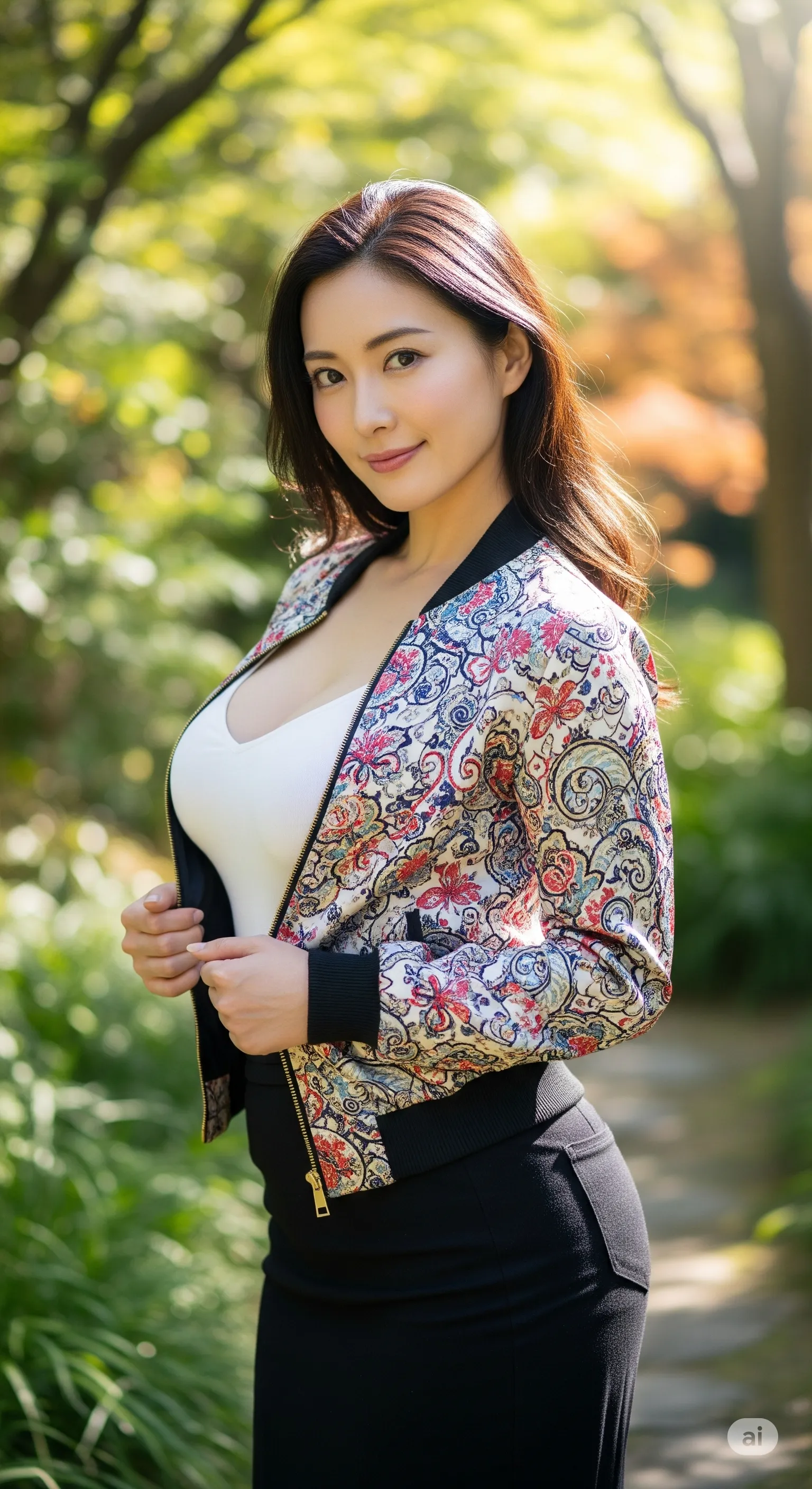 柄モノワンピに包まれた熟女の豊かなヒップライン