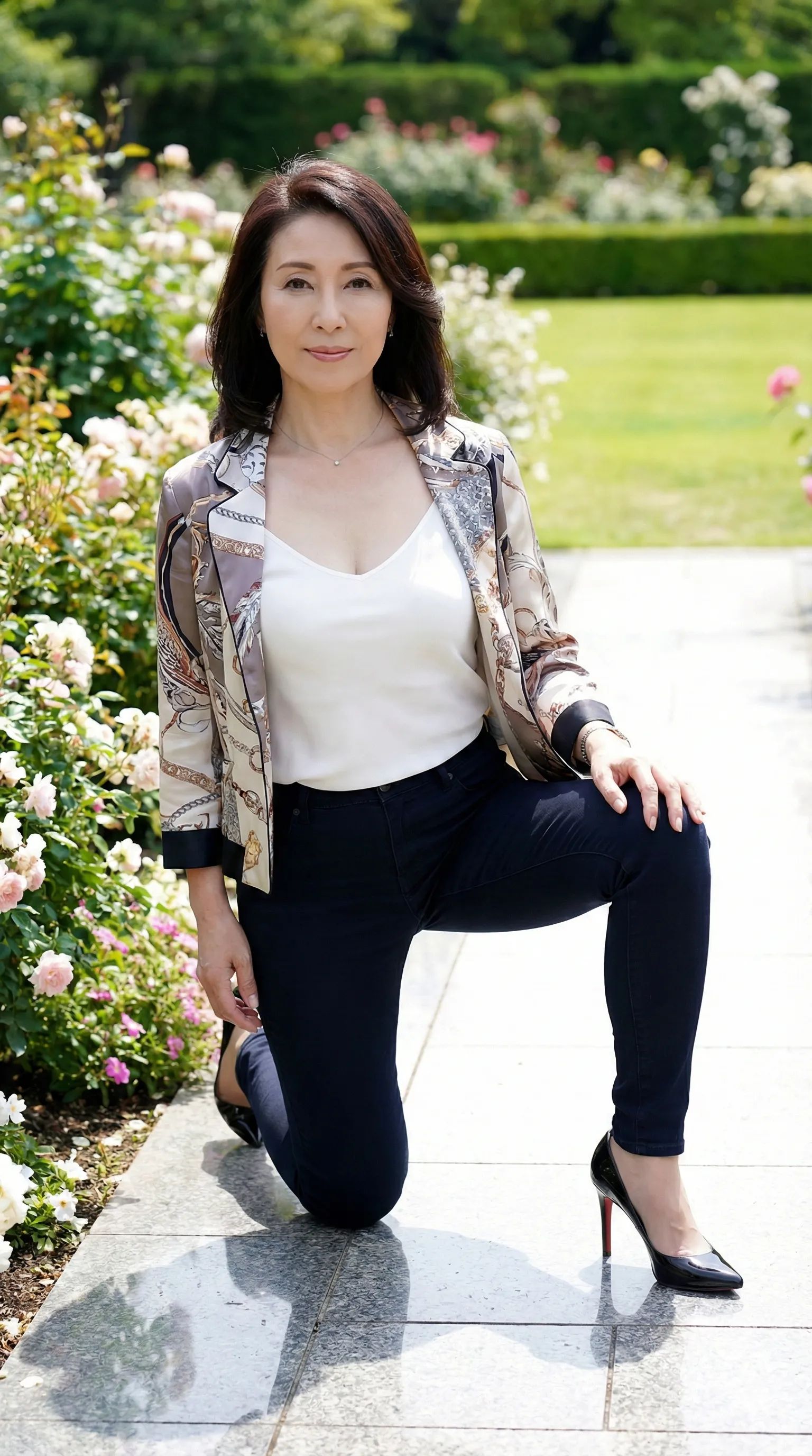 幾何学模様のタイトドレスが描く艶やかなS字ライン