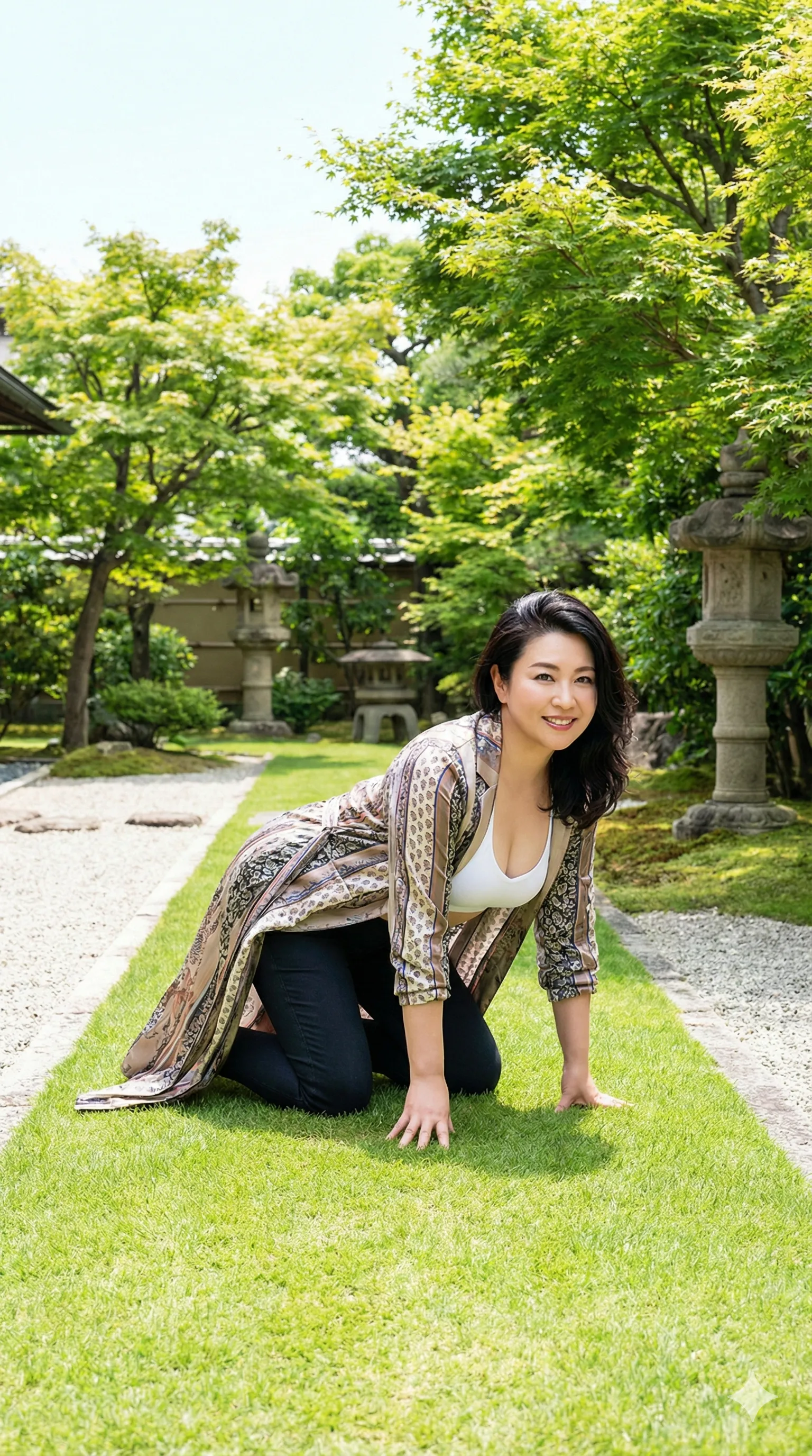 幾何学模様が強調する左右に広がったヒップライン