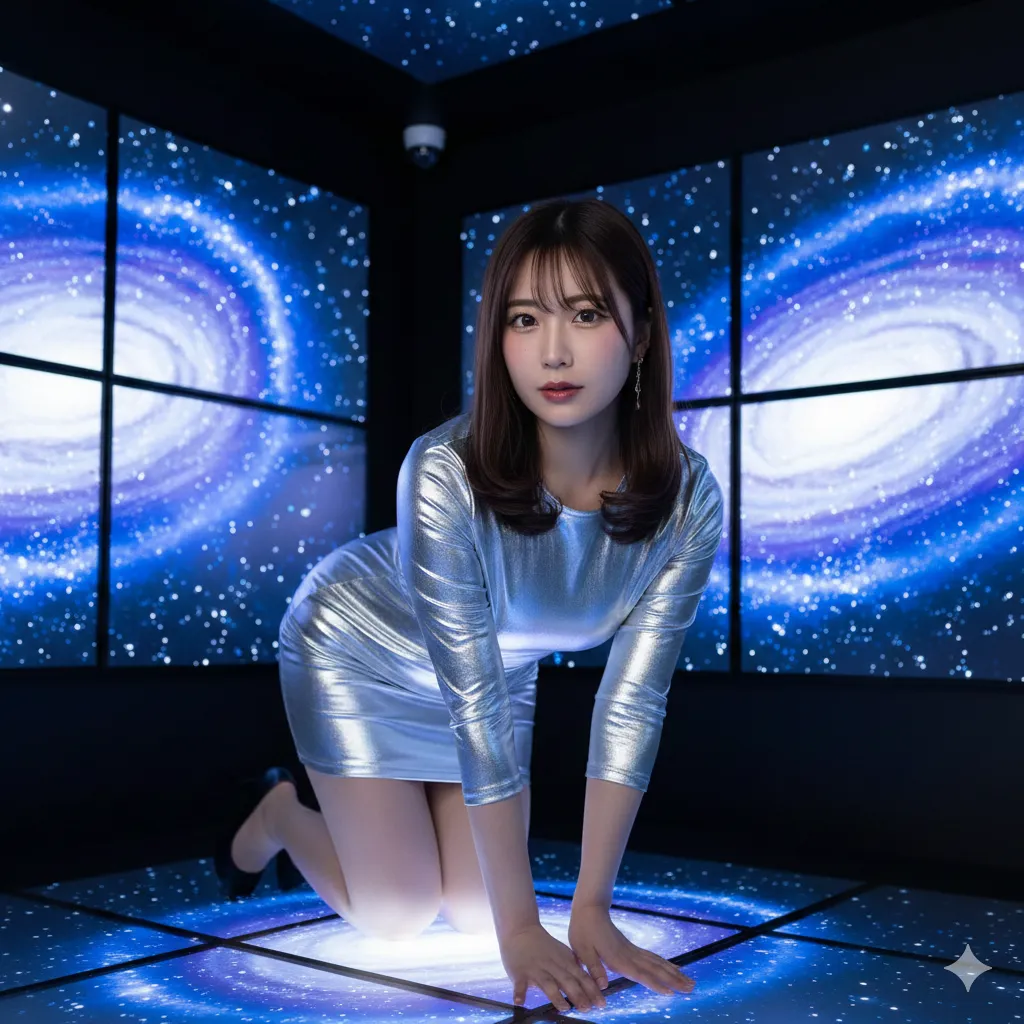 LEDの光を浴びて艶めく、四つん這い姿勢のグラビアアイドル フェチ写真