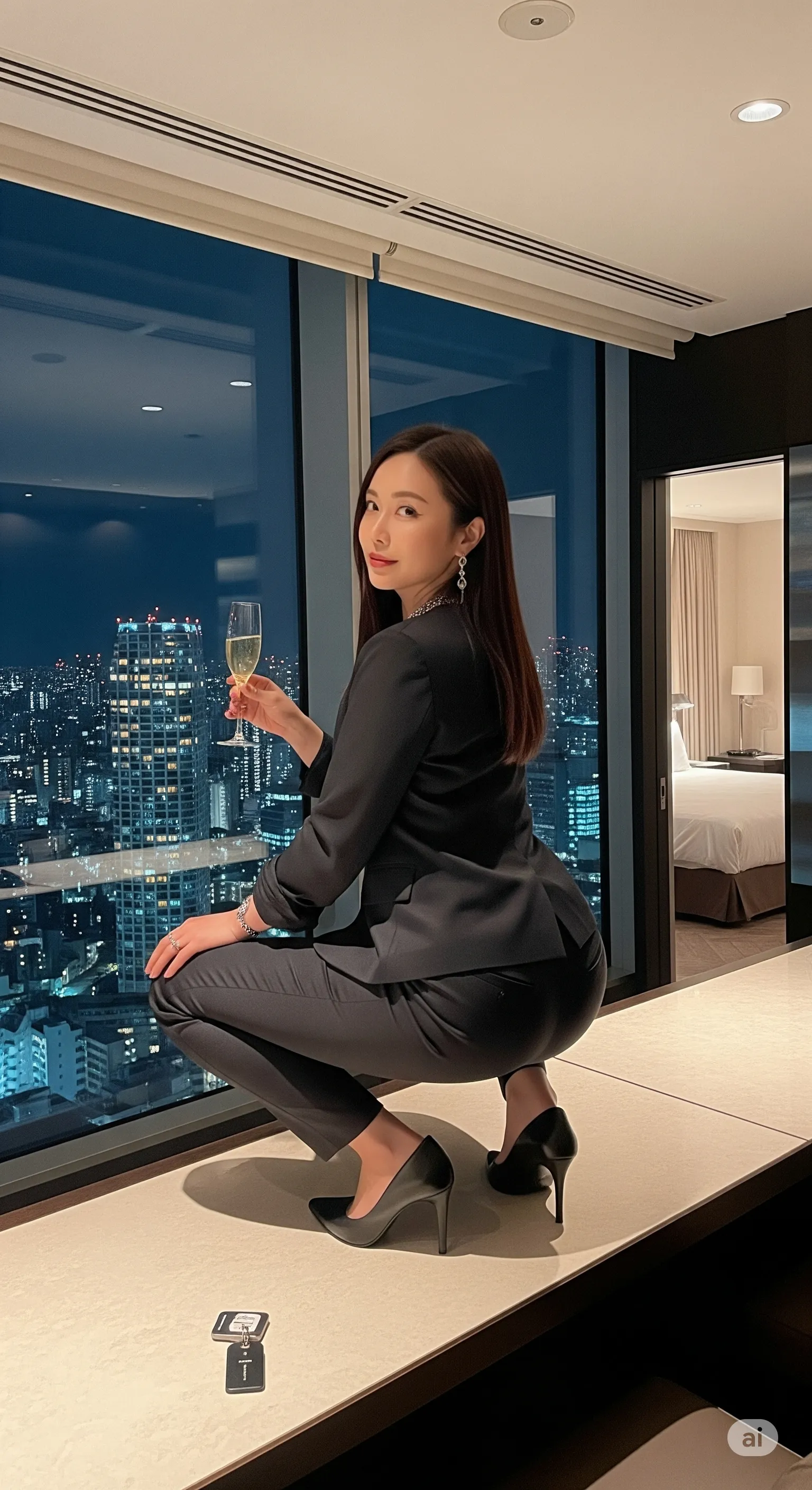 ガラスに映り込む自分の姿と実像が重なる幻想的な見返りショット ポートレート