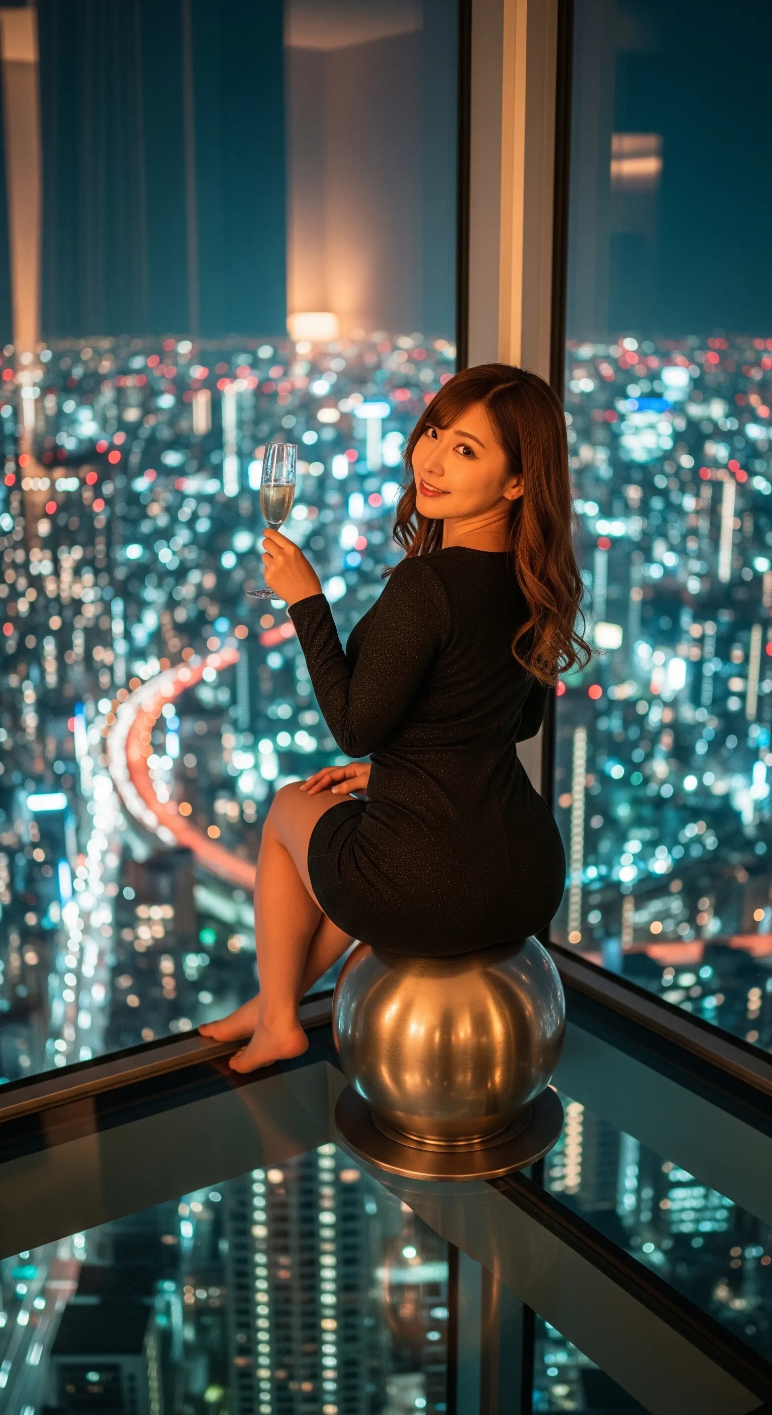 東京の夜を支配するかのような自信に満ちた立ち姿のバックショット 美女グラビア