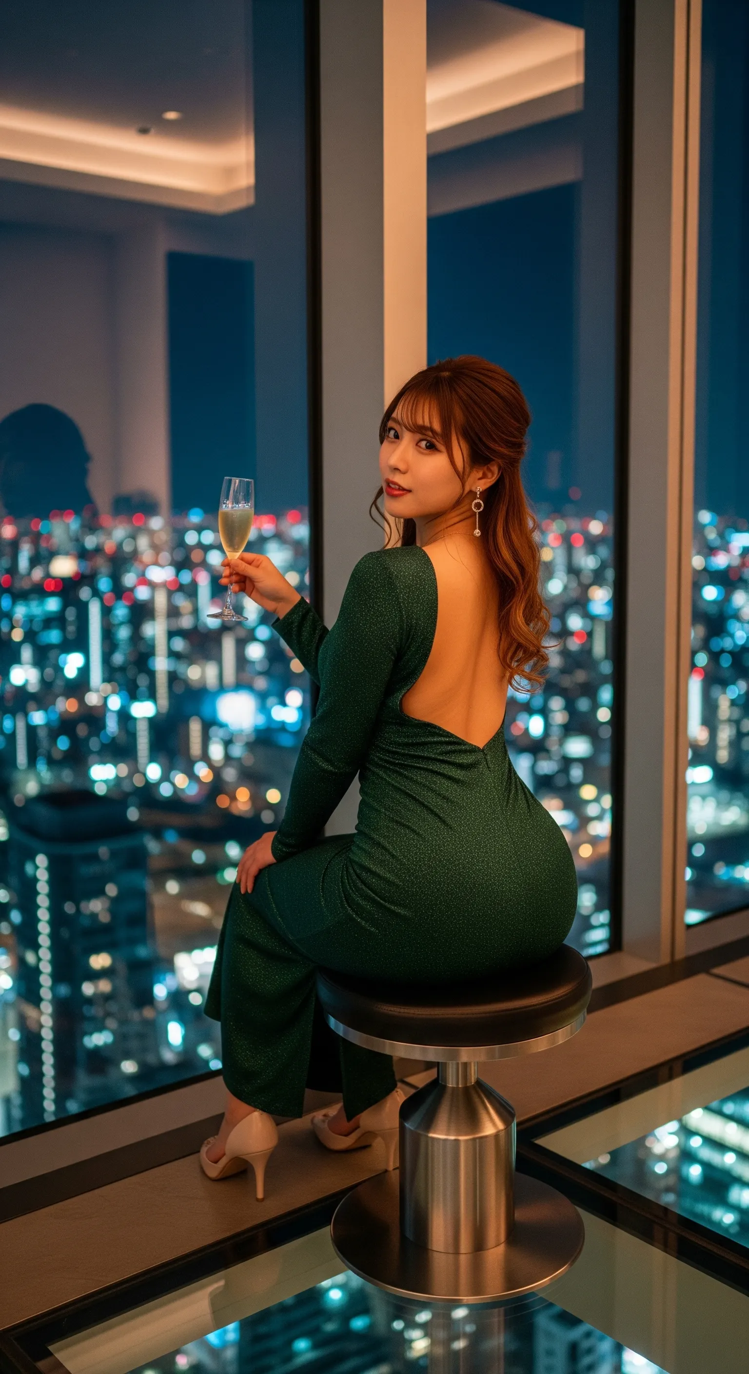 煌めくビル群を背景に浮かび上がる女性特有のくびれライン ポートレート