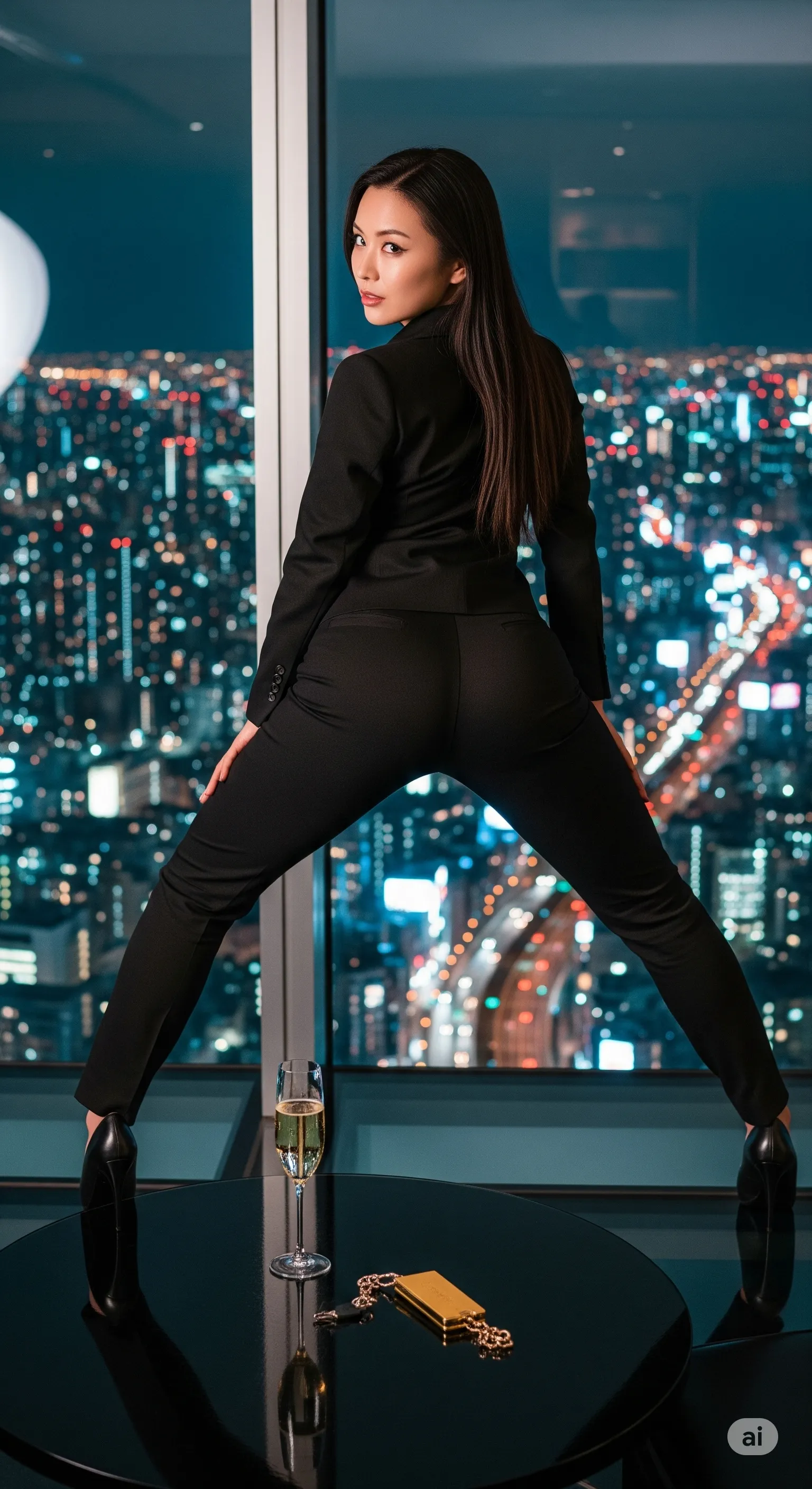 都会を見下ろす支配者気取りのポーズが決まるバックショット フェチ写真