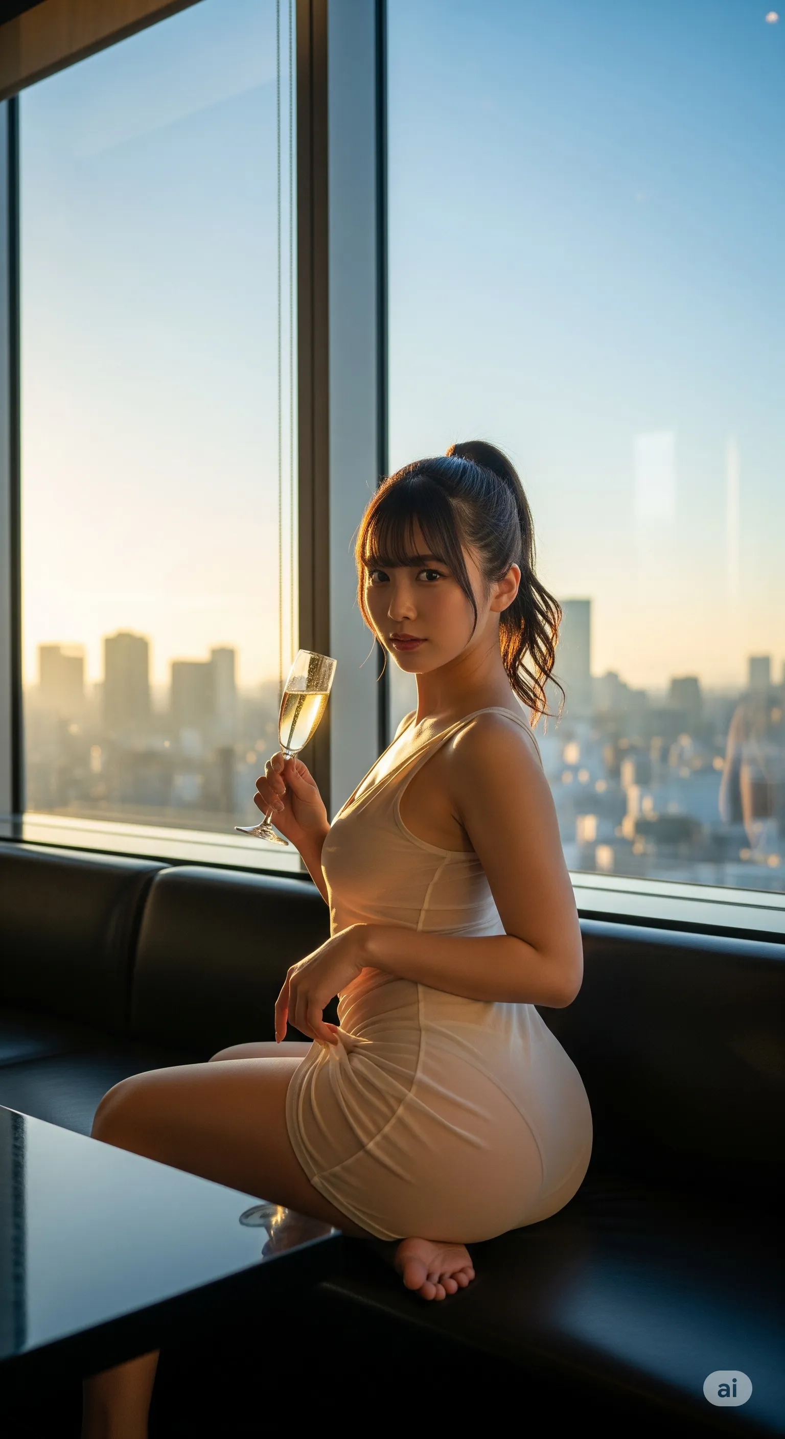 朝の光に照らされる、ドレスの生地越しに浮き出るヒップライン フェチ写真