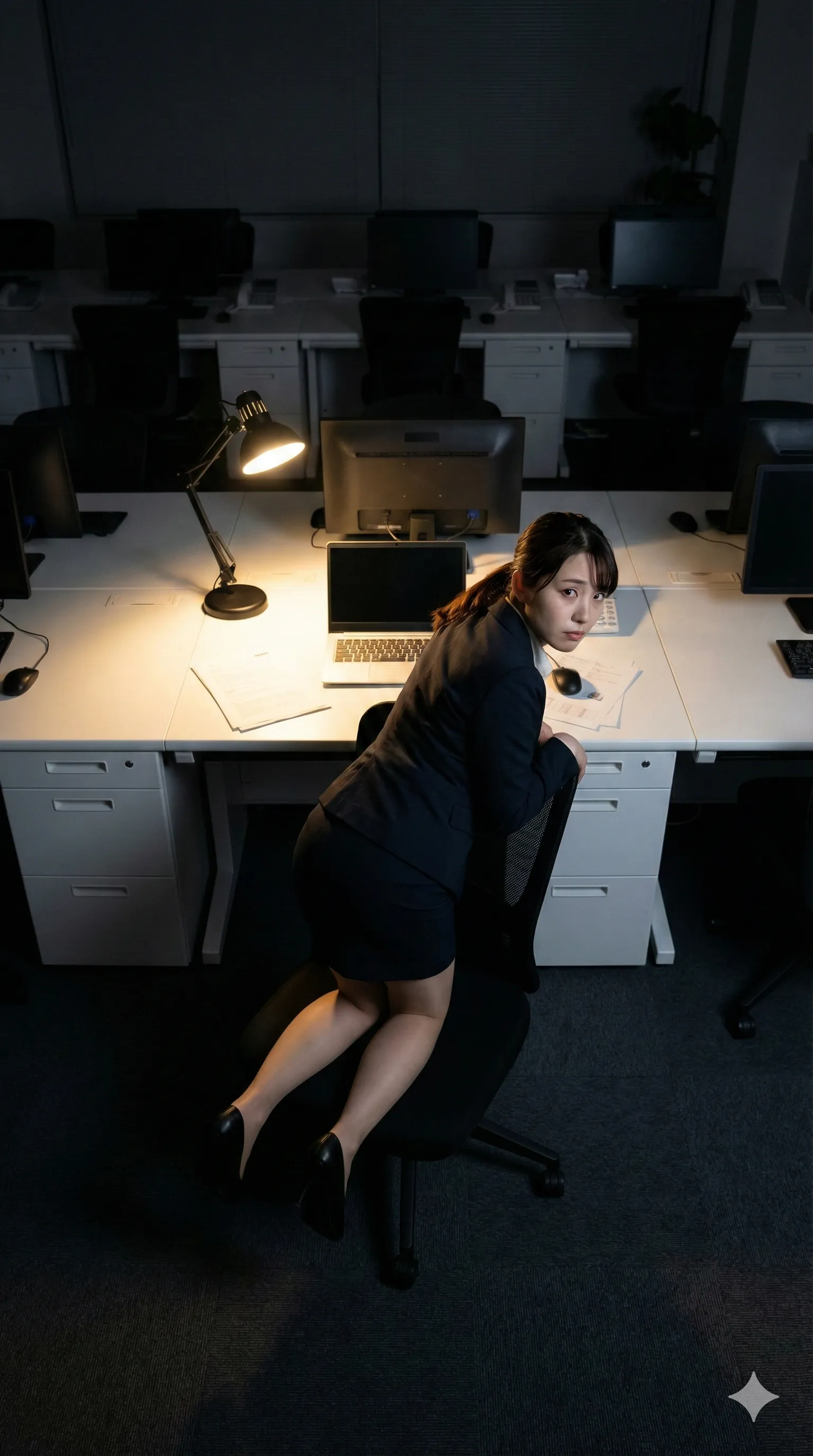 深夜のデスクでモニター光に照らされる女性社員の横顔フェチショット 002