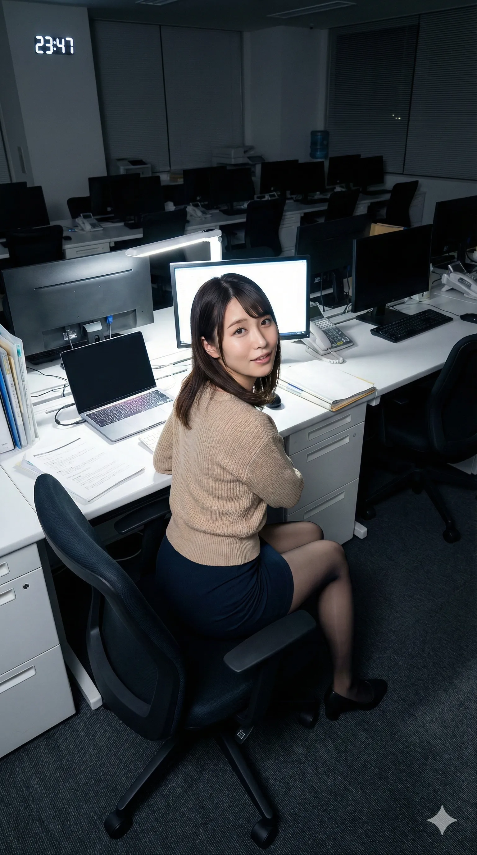 オフィス椅子に座り脚を組み替える残業女子の微エロ姿 003