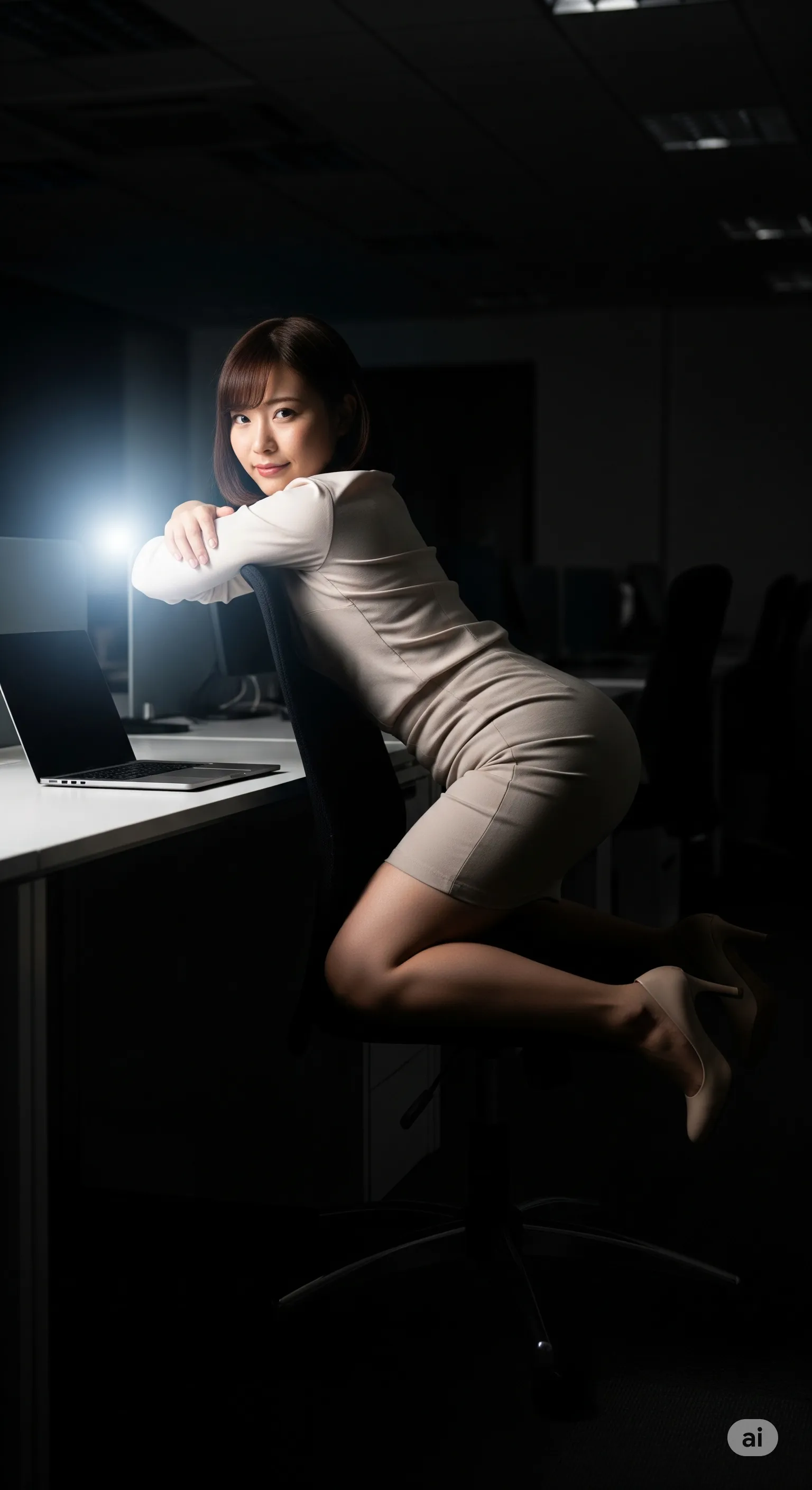 オフィス窓際で夜景を背景に佇む残業女子のフェチシルエット 007