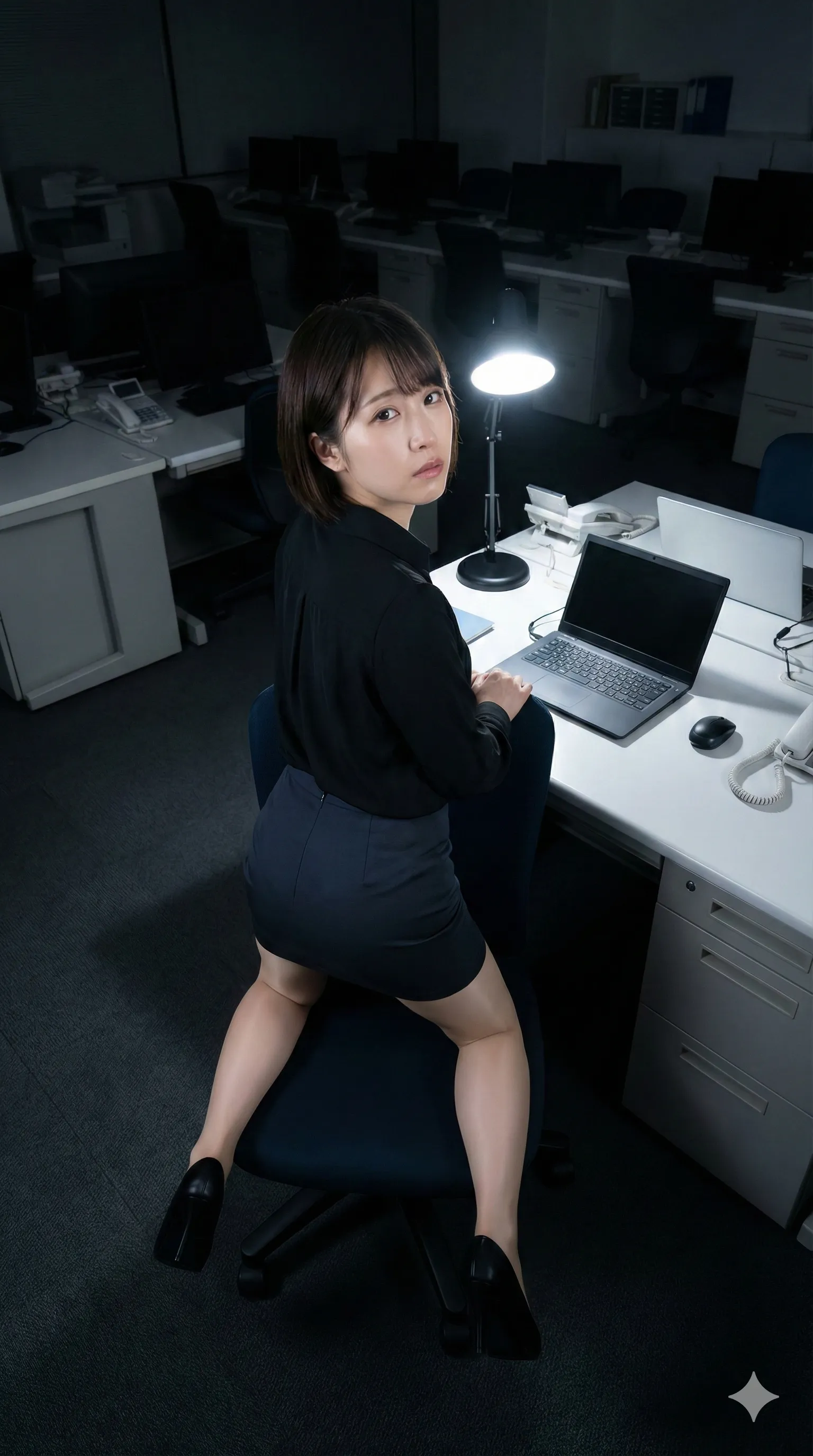 デスクに寄りかかりながら肩が落ちる無防備な姿の女性社員 008