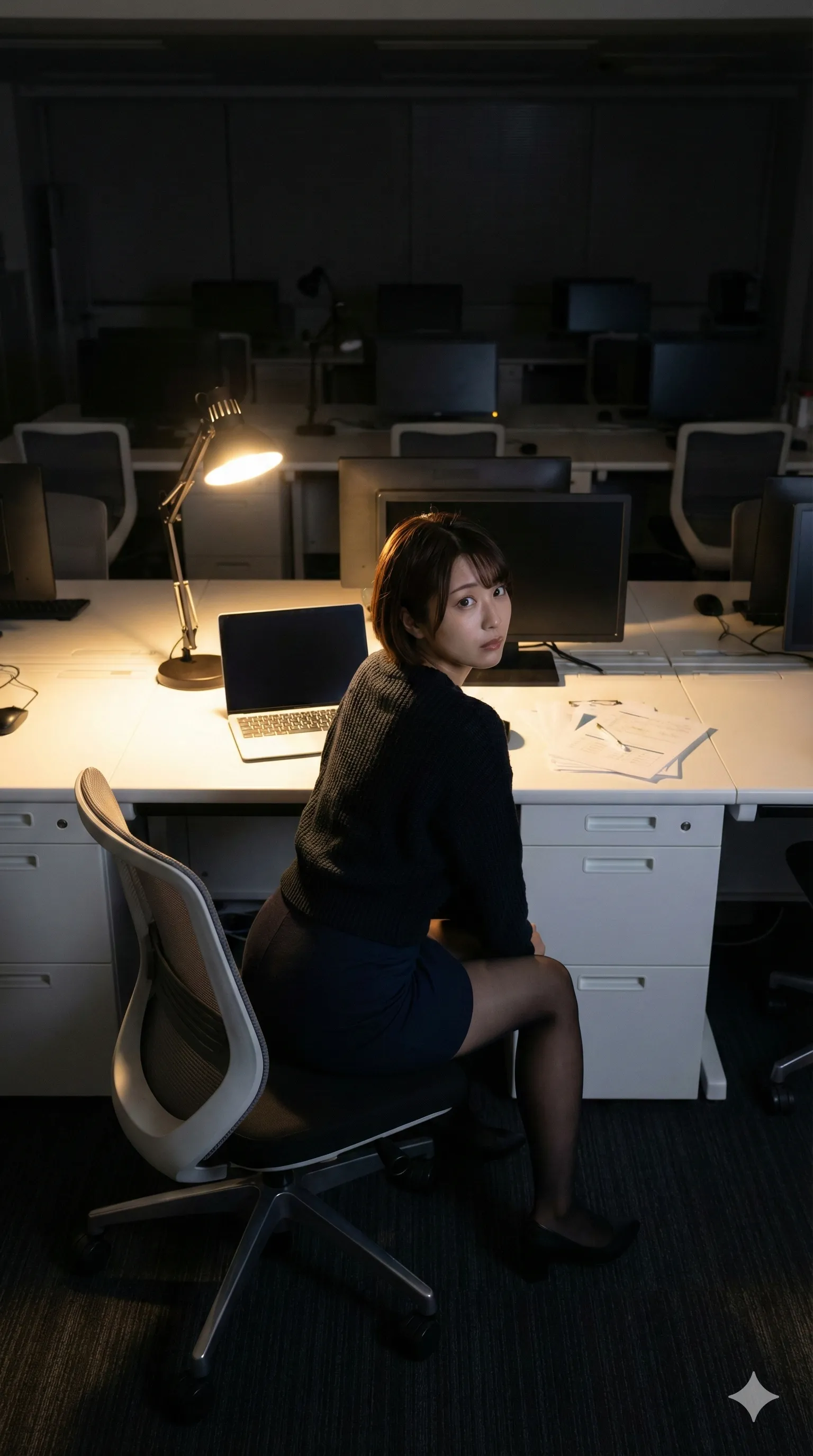 デスクライトの下で書類を見る女性社員の横顔が色っぽい 012