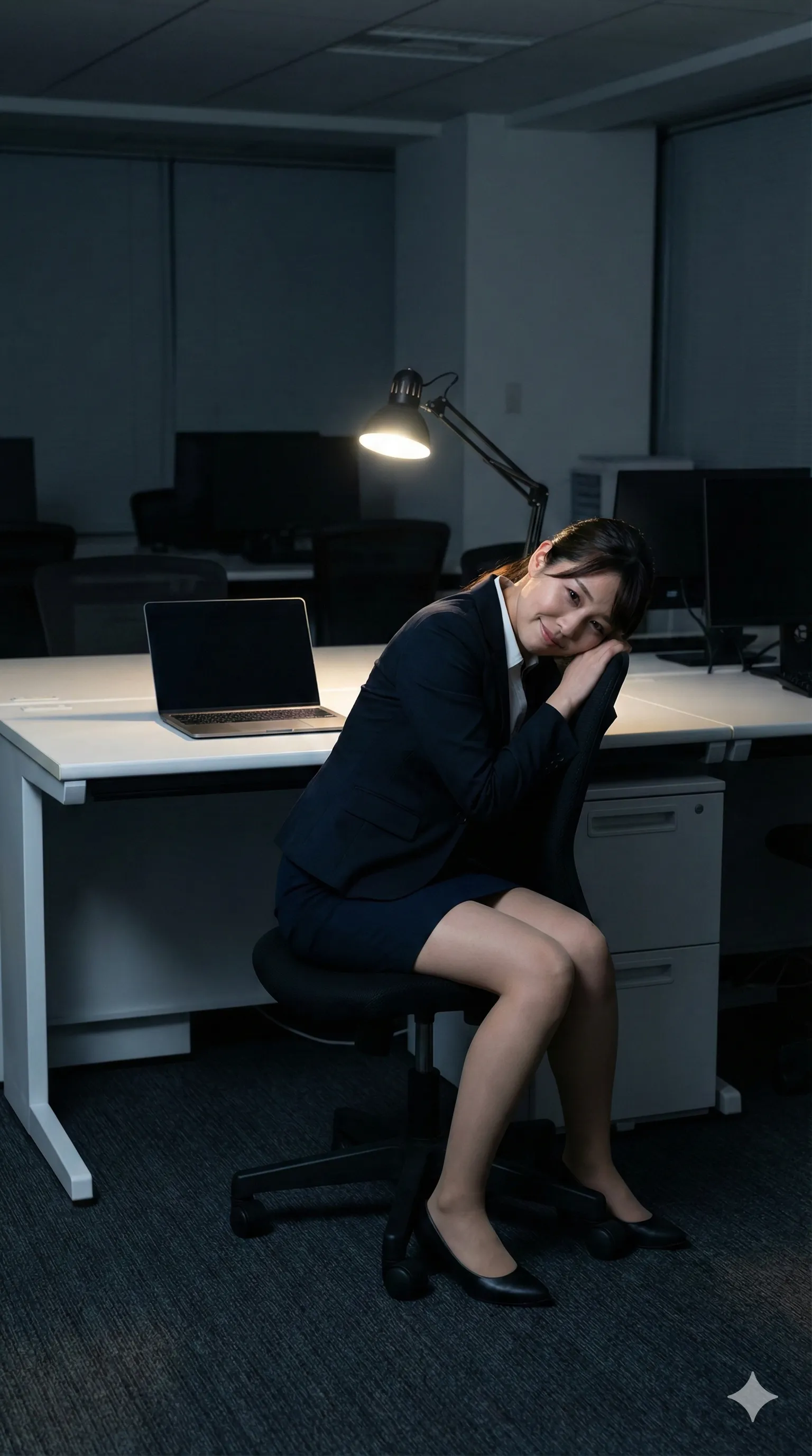暗い会議室で資料確認する残業女子のフェミニンな姿 014