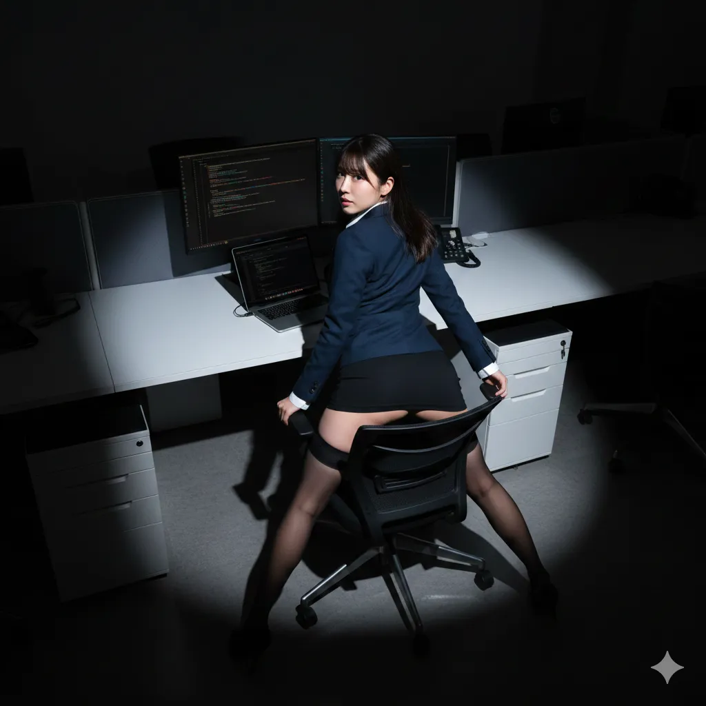 深夜の通路で資料を抱え歩く女性社員の艶やかな後姿 016