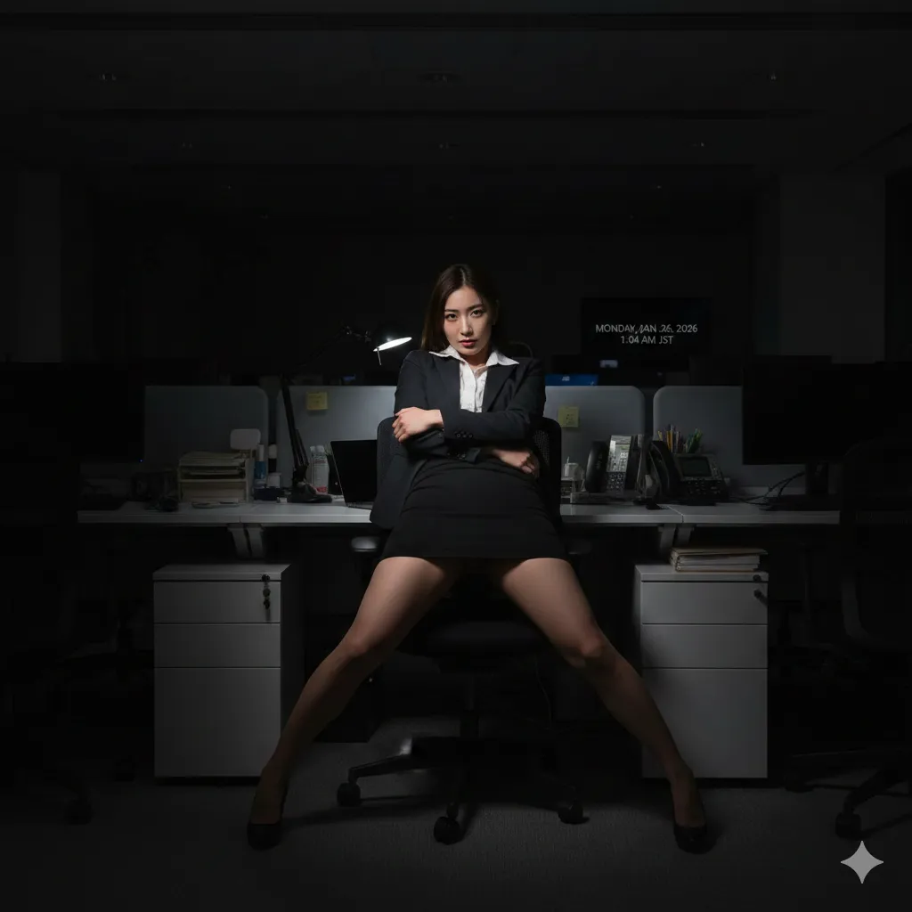 モニターの光で浮かび上がる女性社員の腕と肩のライン 018