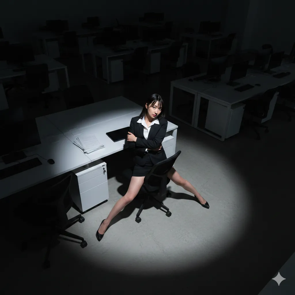 休憩中に膝を抱えて座る残業女子のしっとりした魅力 019