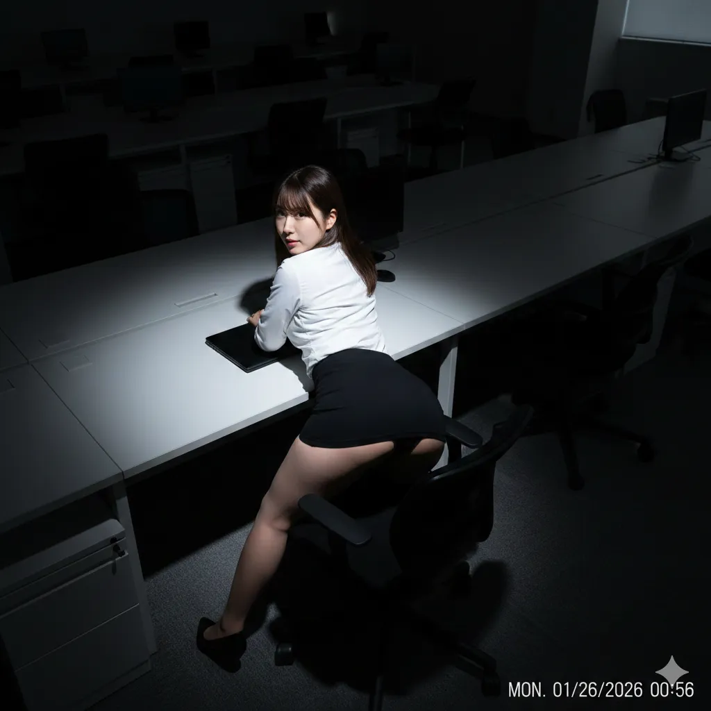 うつむきながらタイピングする残業女子の肩と背中の艶 021