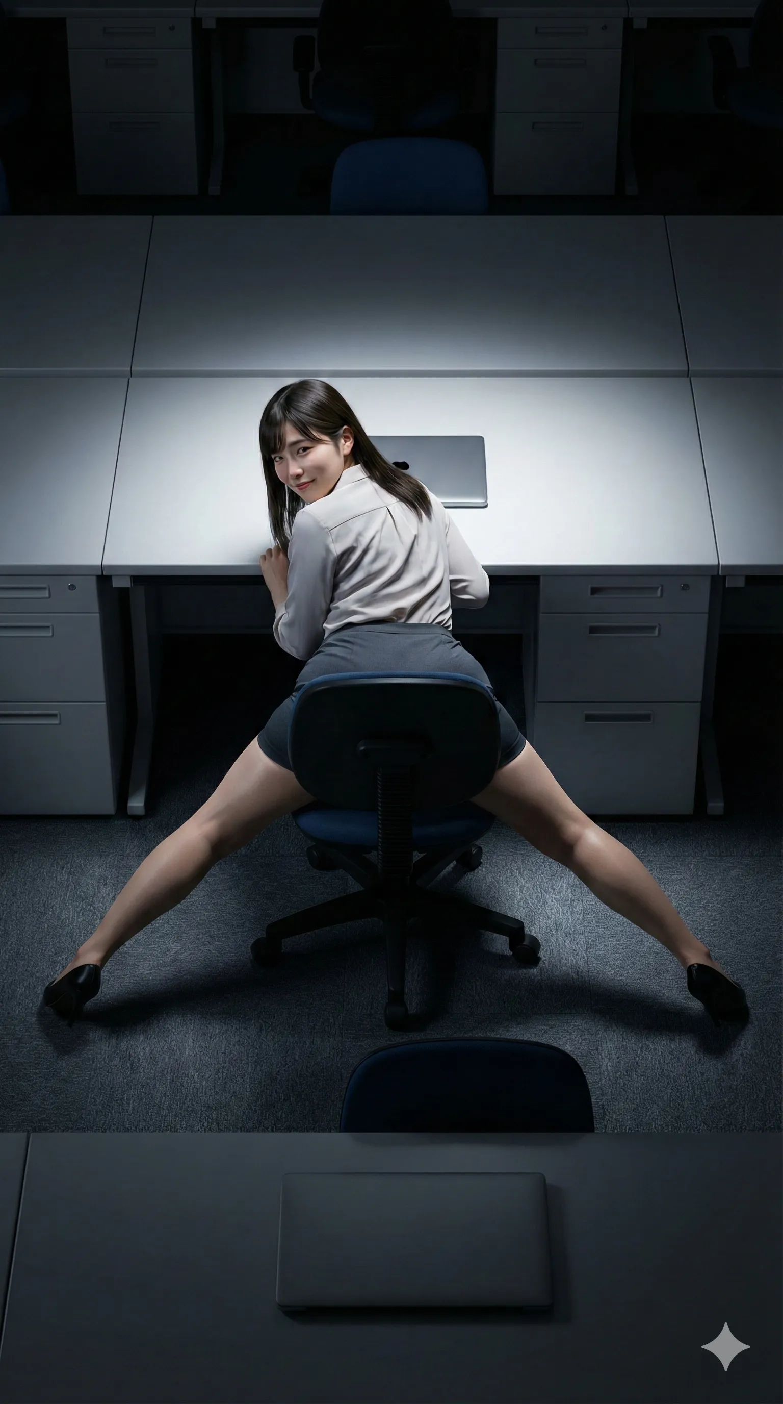 立ち上がり姿勢で自然に浮かぶヒップラインが美しい女性社員 022