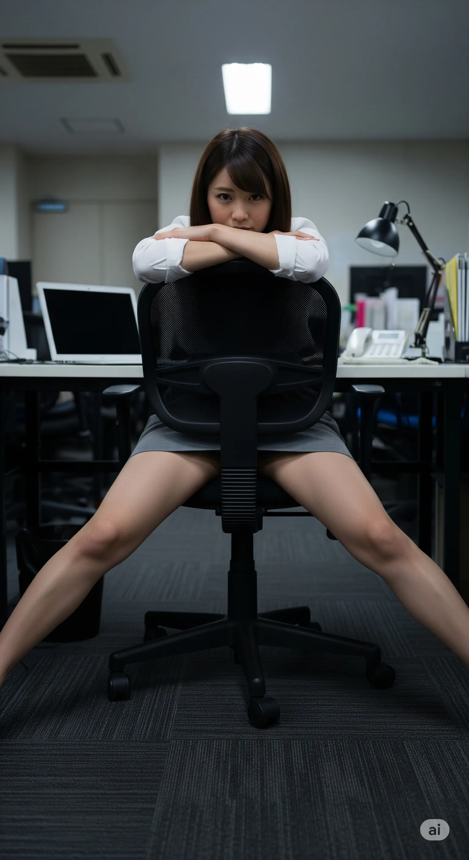 コピー機の光に照らされ浮かぶ女性社員の横顔と肩のライン 024