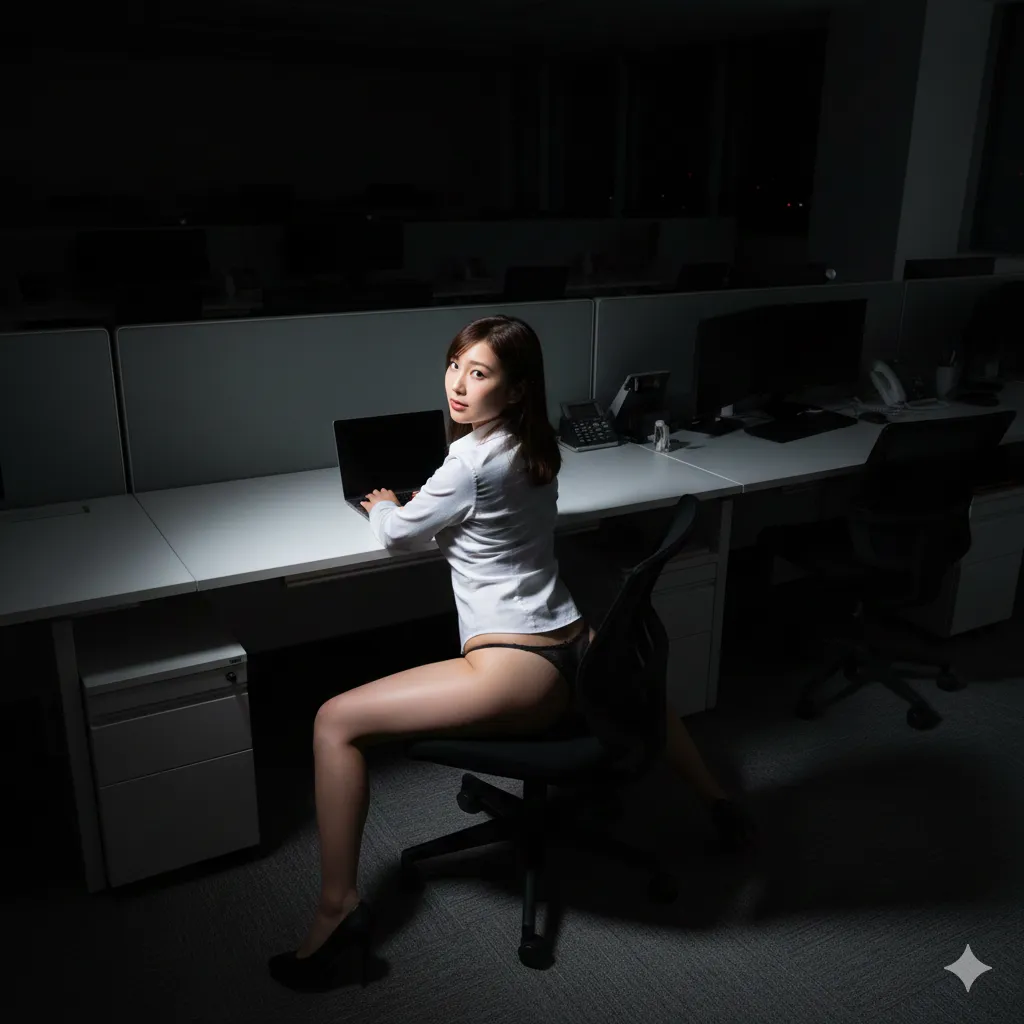 椅子に深く座り背中を丸めた女性社員のフェチシルエット 028