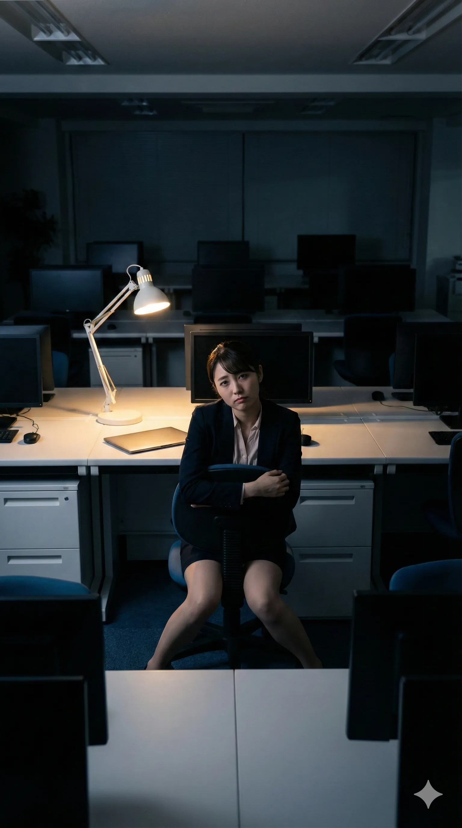 深夜オフィスで静かに佇む残業女子の幻想的シルエット 031