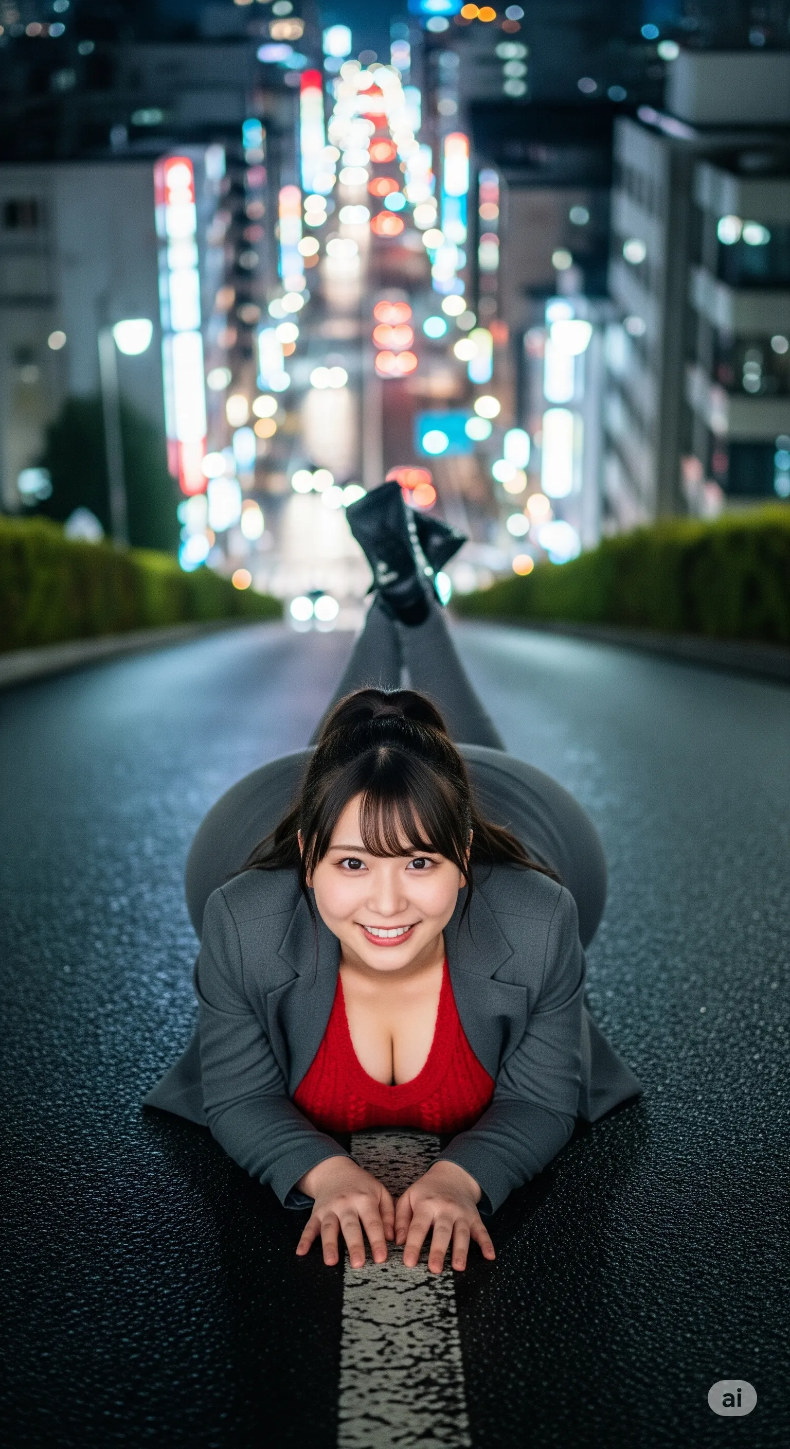 夜の道路で四つん這いになるOLのセクシー微エロショット