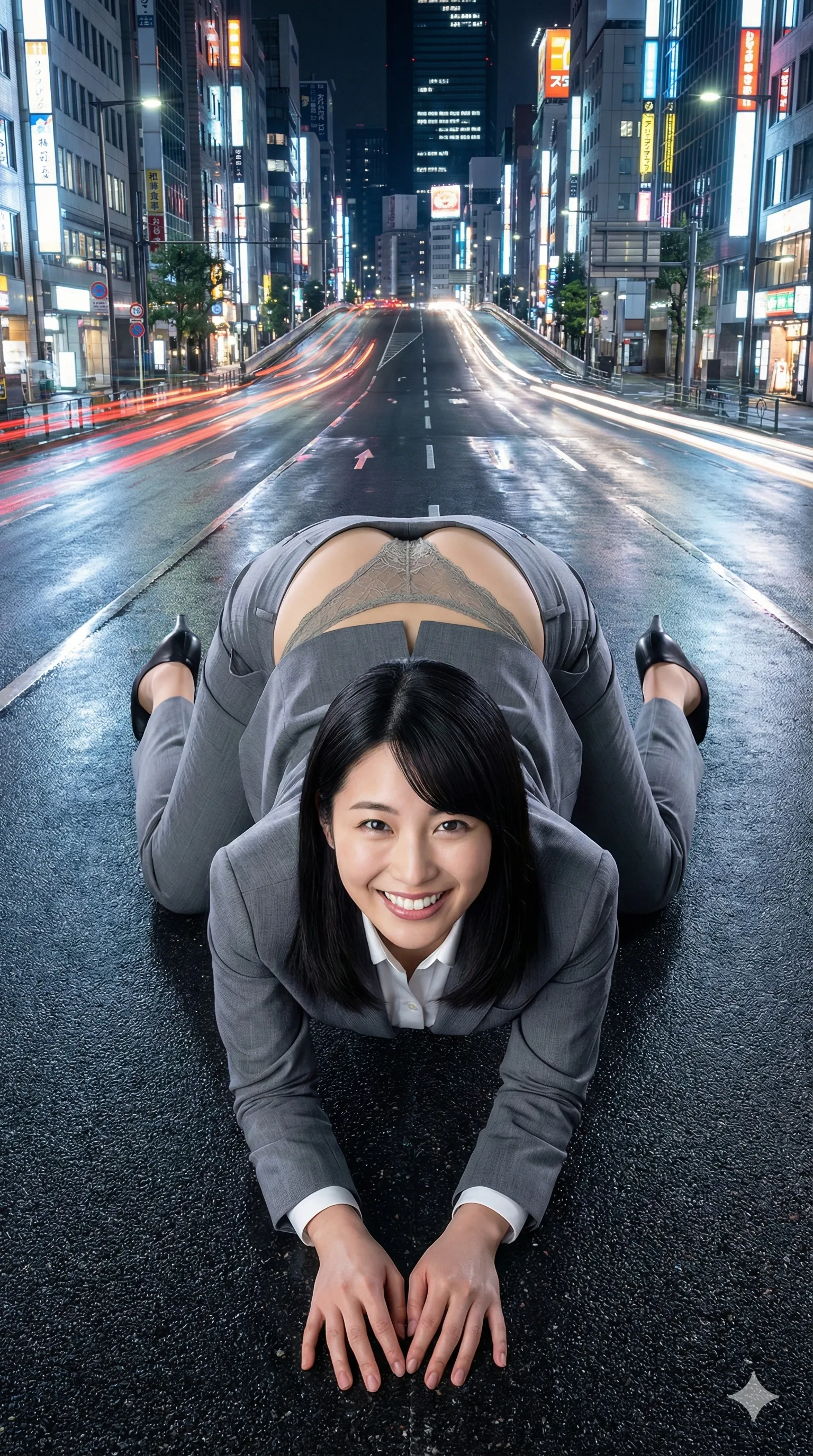 女社長が路上でヒップを突き出す大胆ポーズ