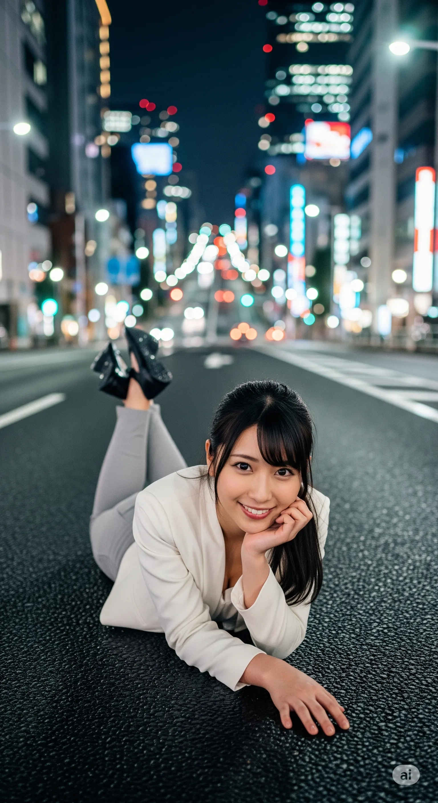 夜景に照らされるスーツ姿の四つん這いフェチ画像