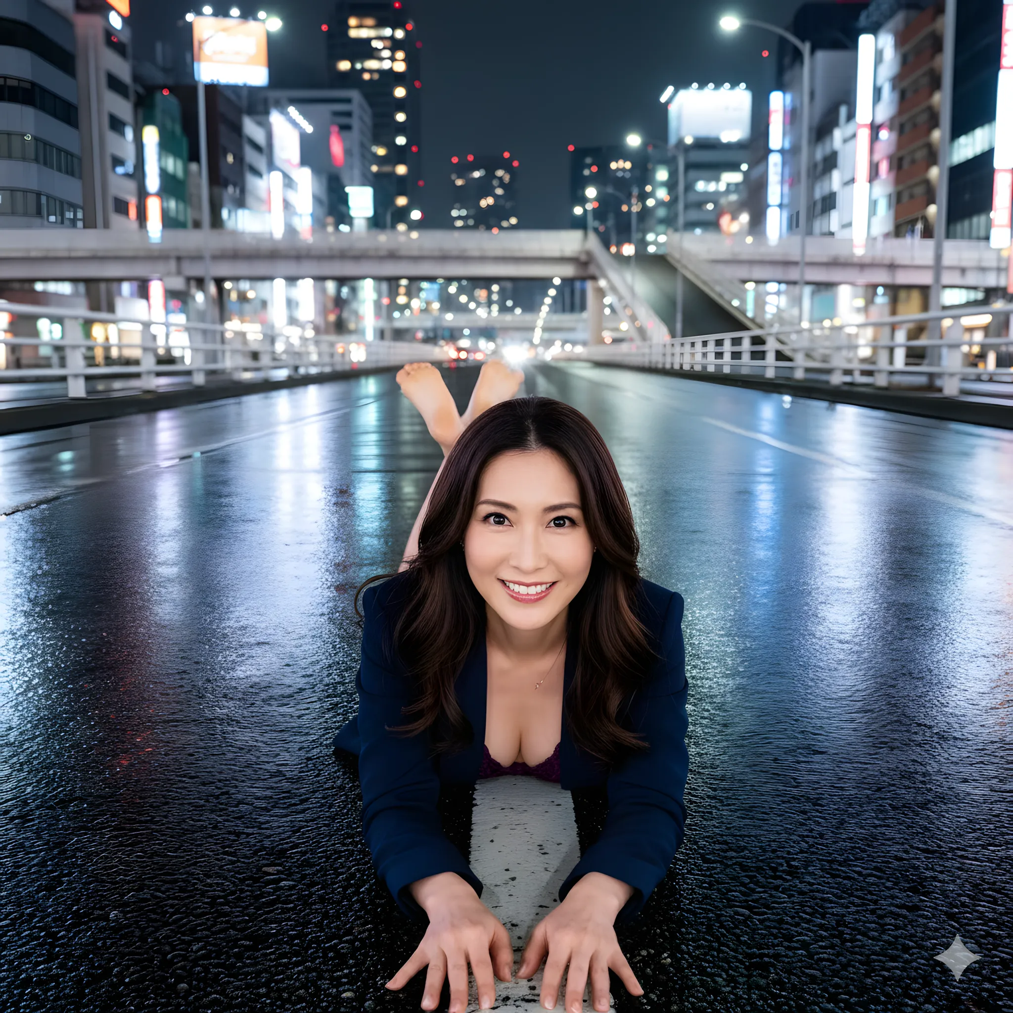 濡れたアスファルト上でお尻を強調する四つん這い姿