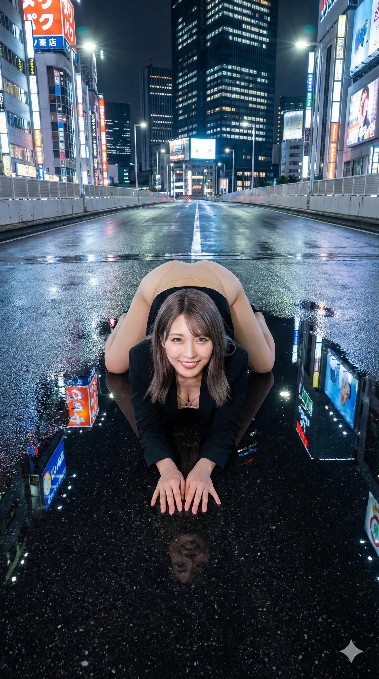 深夜のストリートで挑発するように四つん這いになるOL