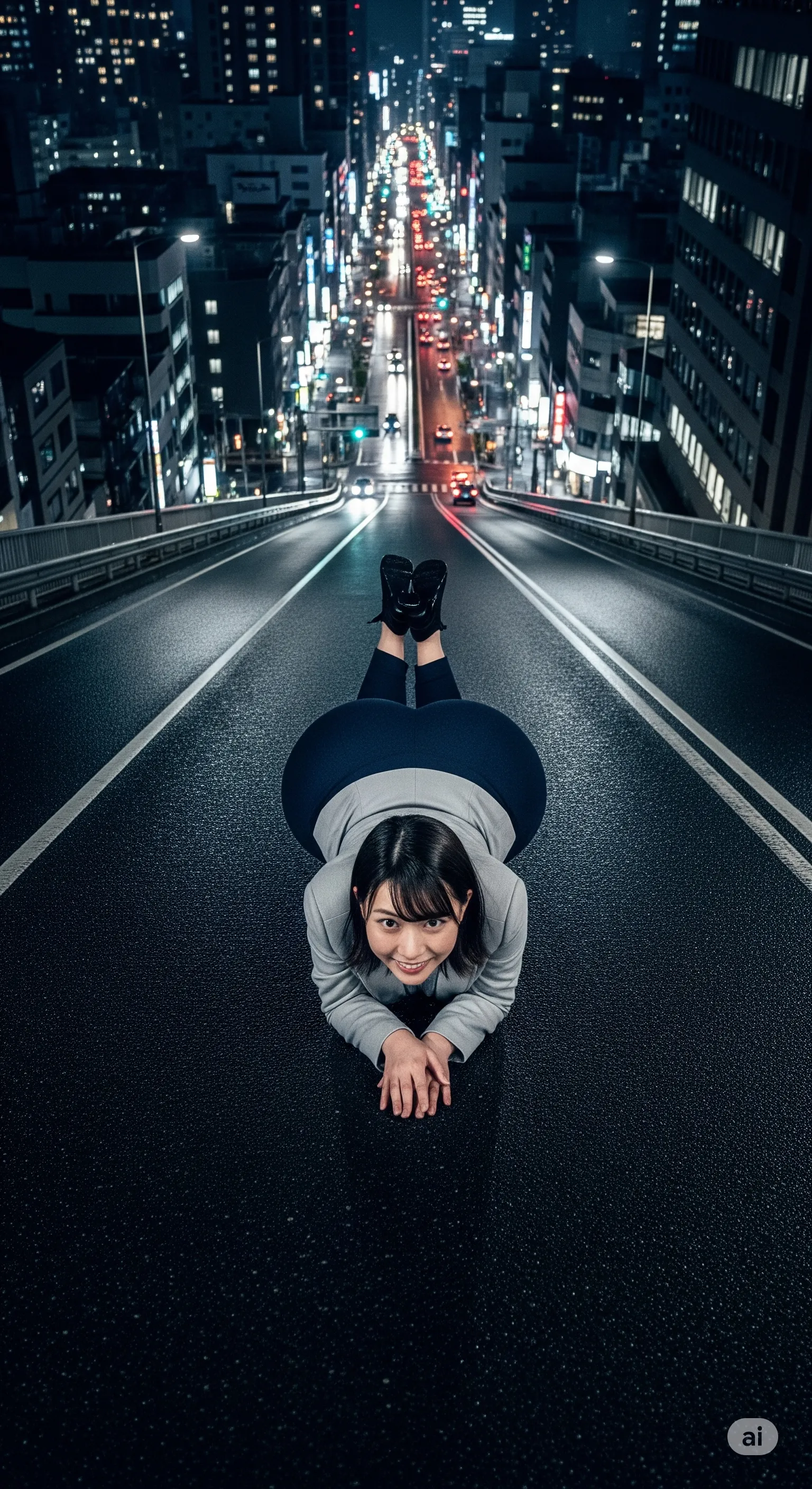 ヒップラインが際立つ夜のオフィスレディのポージング写真