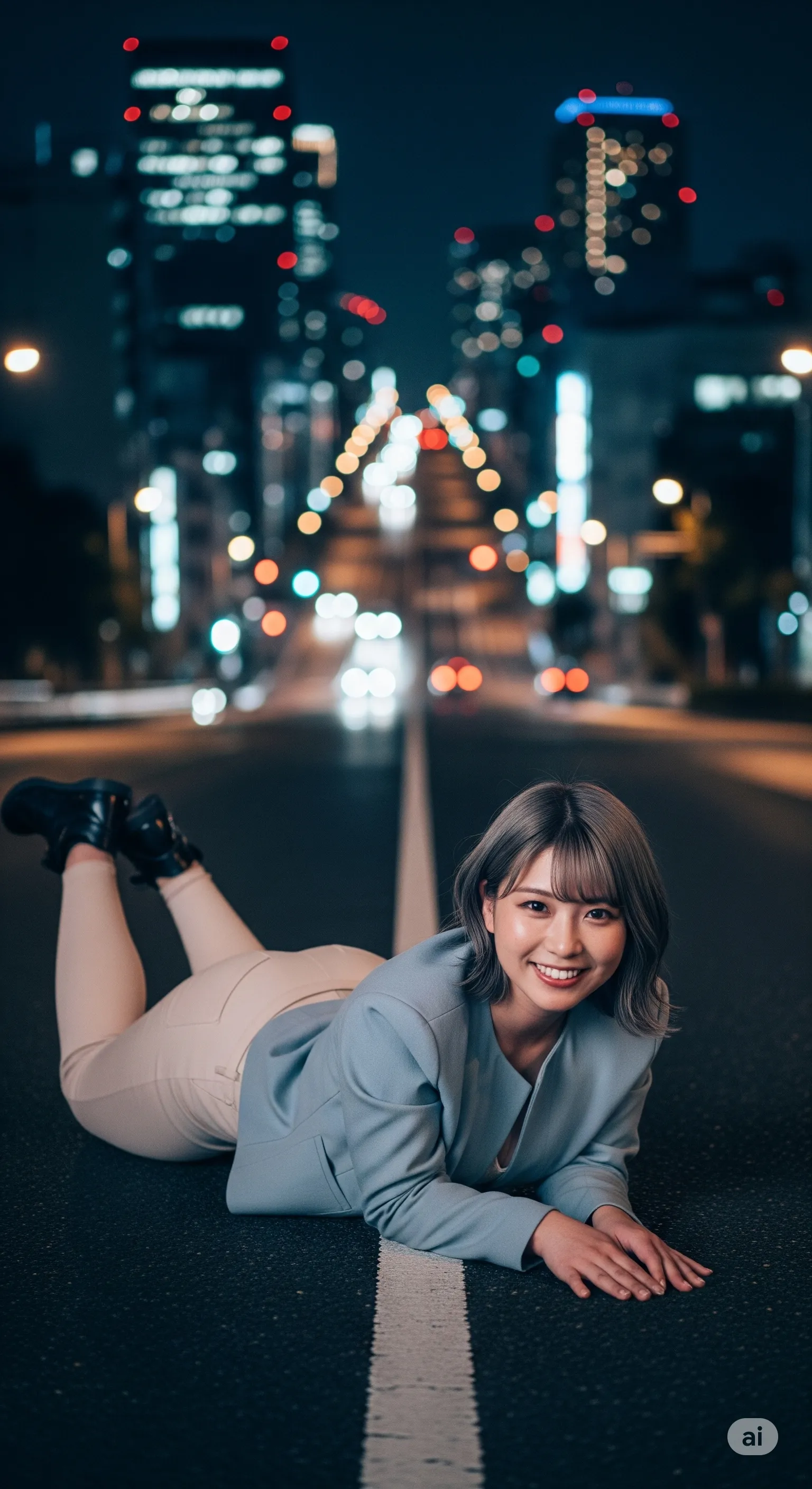 夜の街で大きく突き出されたヒップが目を引くフェチ構図