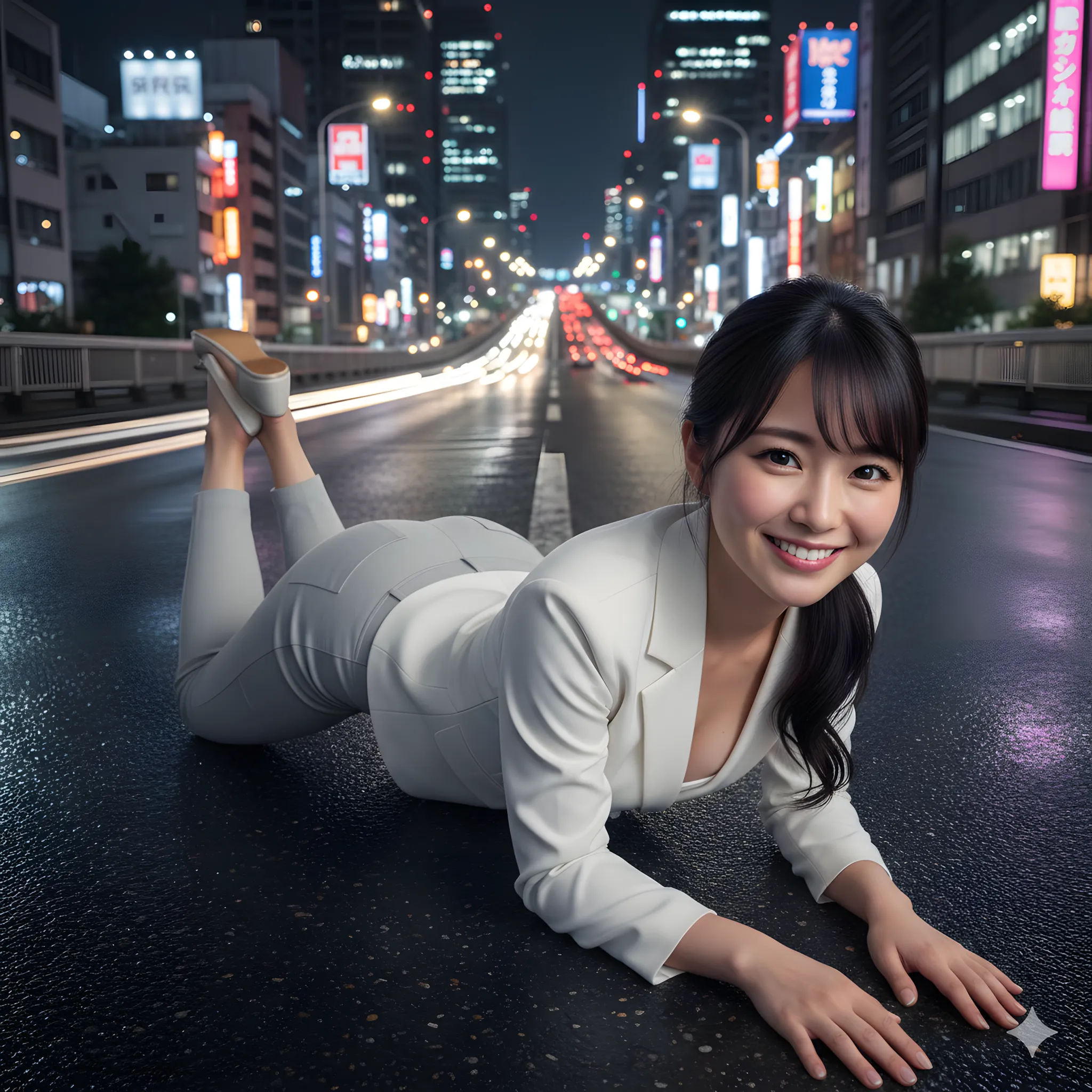 大胆な四つん這いポーズを夜の道路で見せるセクシーOL