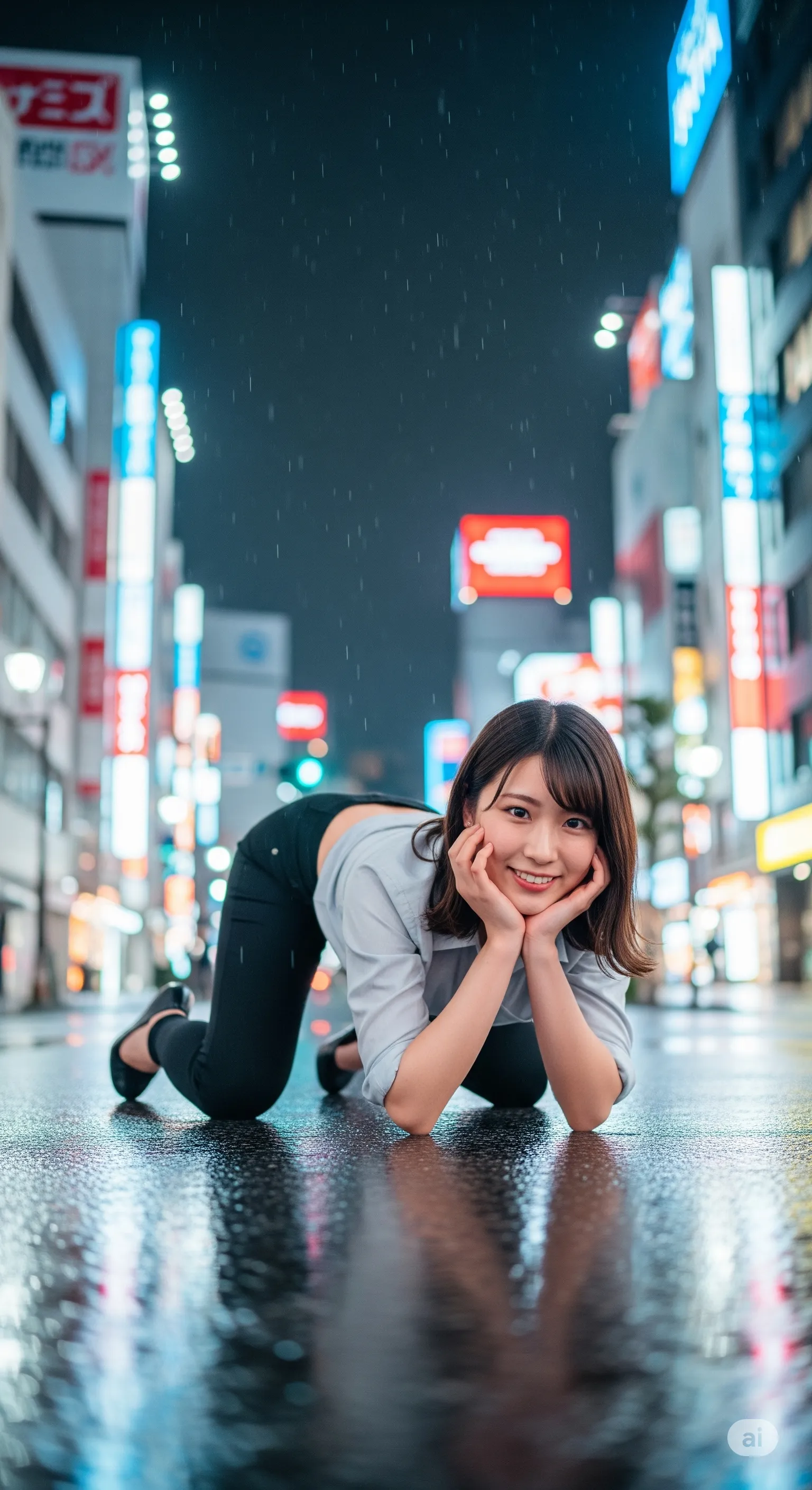 濡れた路面に映る美尻とスーツ姿のコントラストが魅力的な夜景グラビア