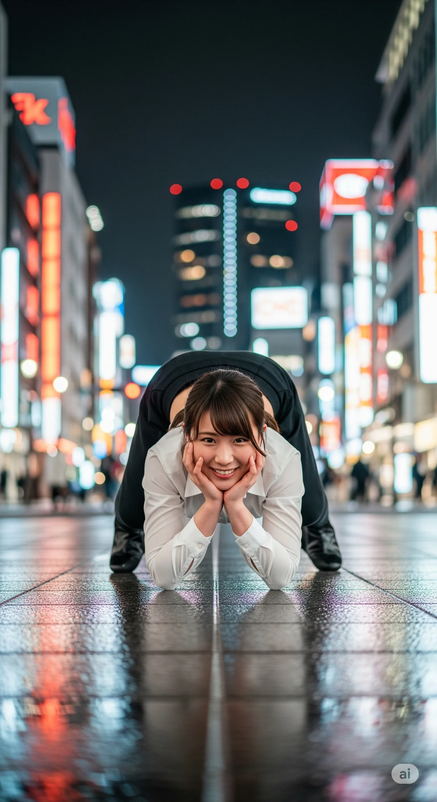 夜景バックにヒップラインを強調するセクシーOLの四つん這い姿