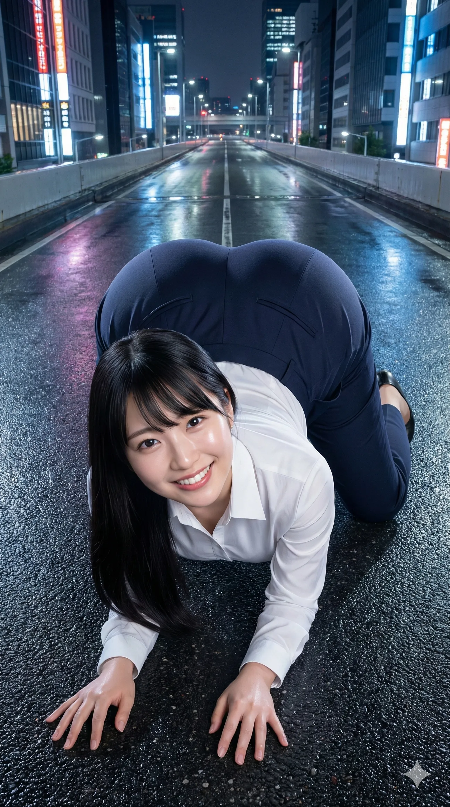 背後から魅せる四つん這いヒップラインが際立つ夜の街角ショット