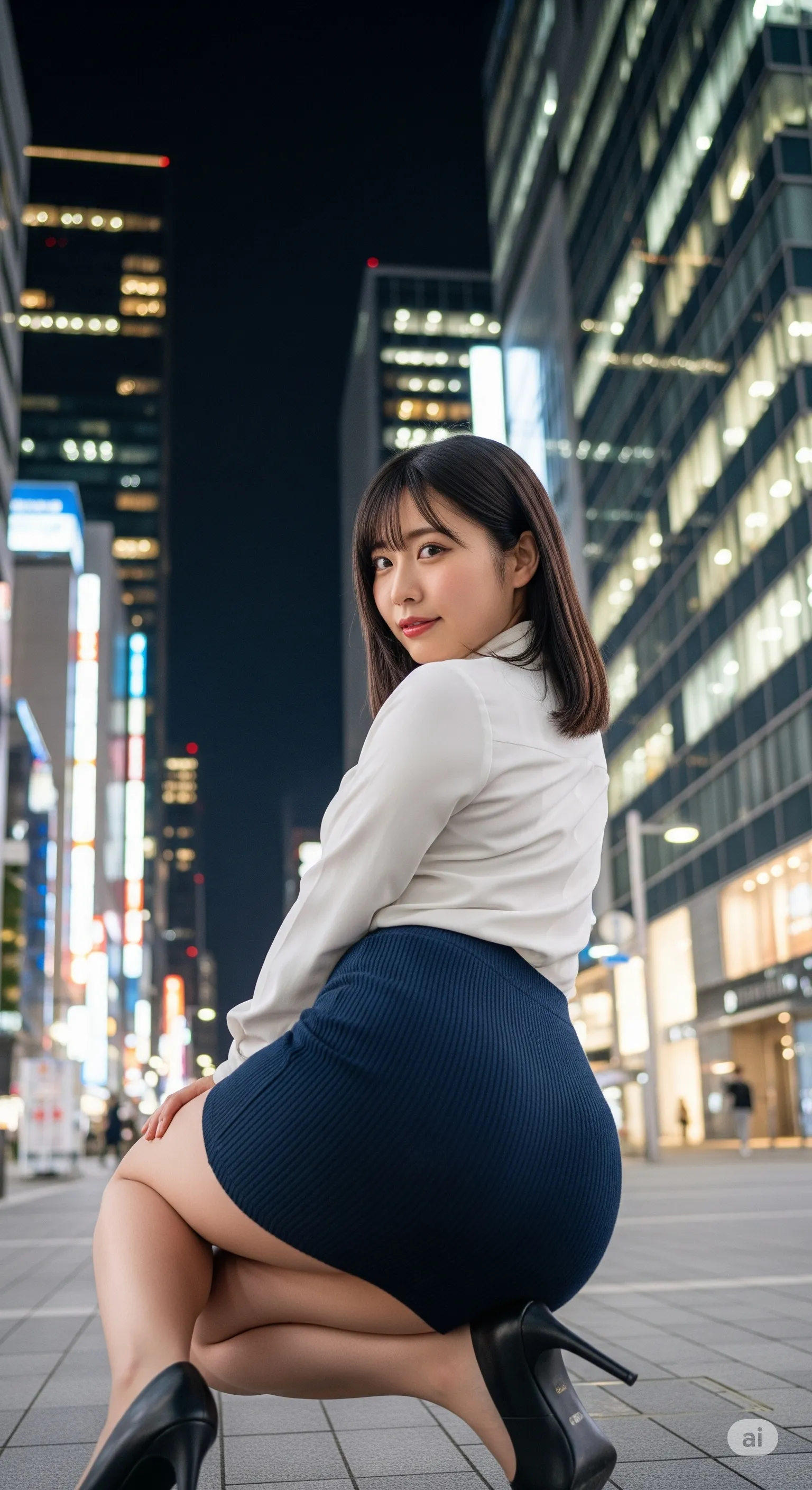 夜のベンチで腰掛け、お尻を強調するOL