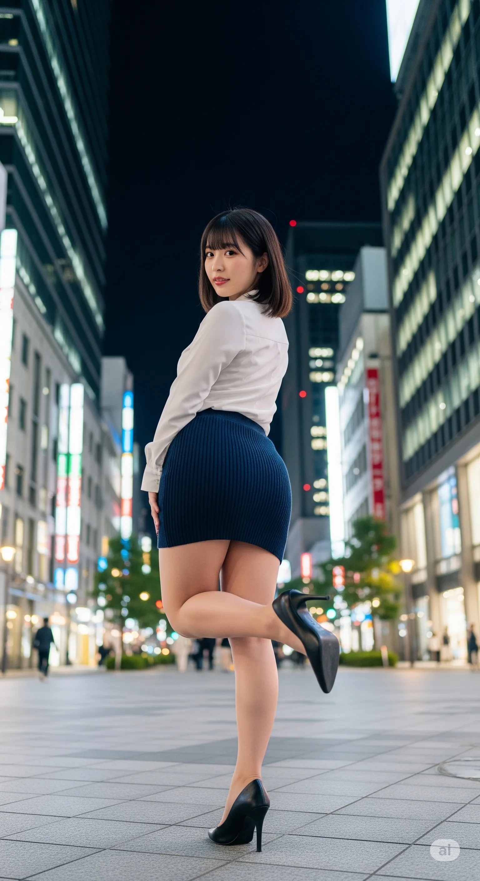 夜のオフィスビルを背景にした、働く女性の色香