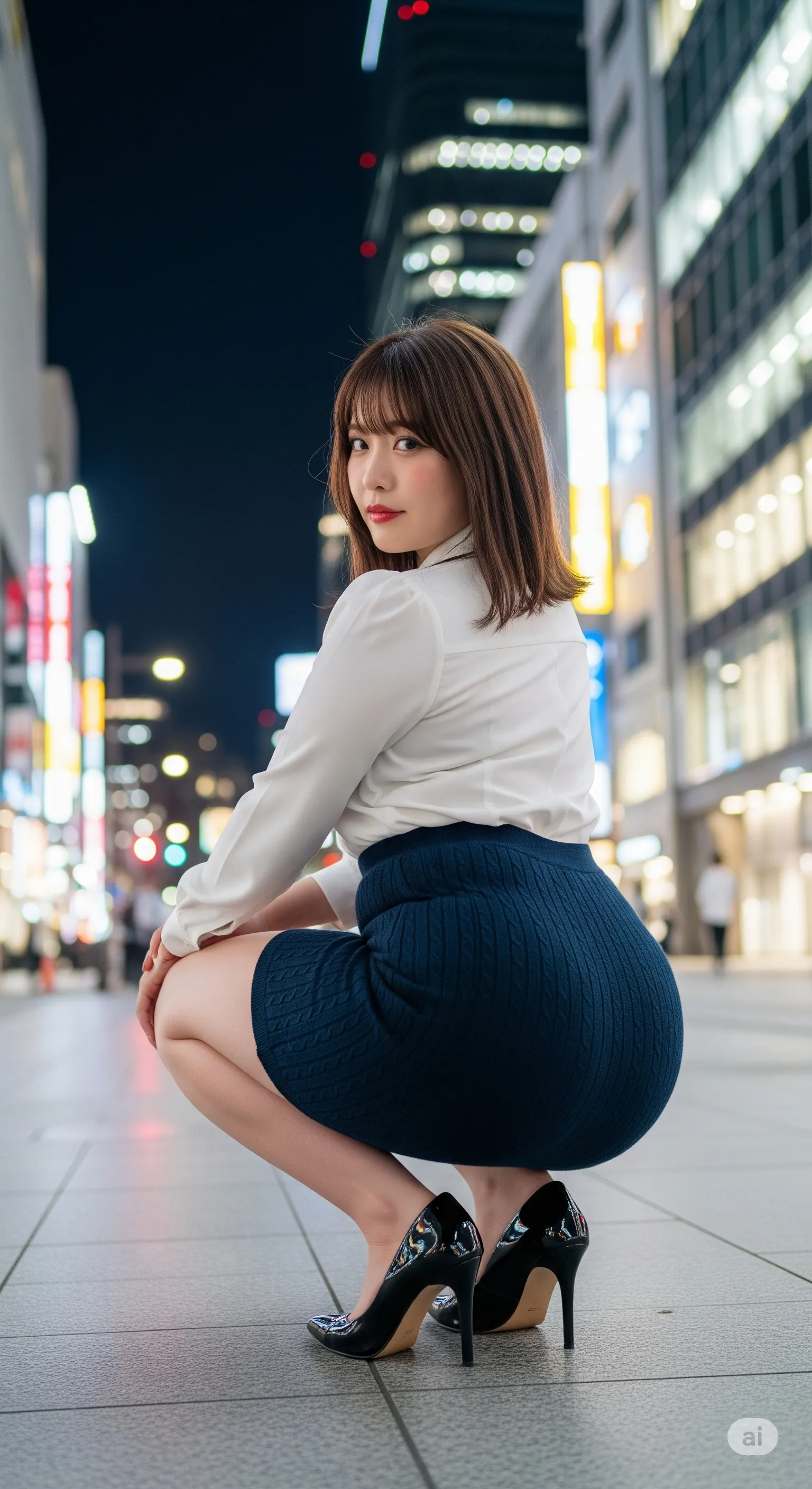 歩道橋の上で見せる、大胆なバックアングル